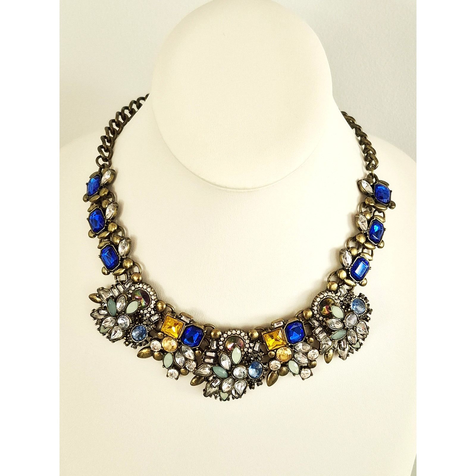 Other Vintage Blue White and Yellow Rhinestone Statement Necklace Size ONE SIZE - 3 Thumbnail
