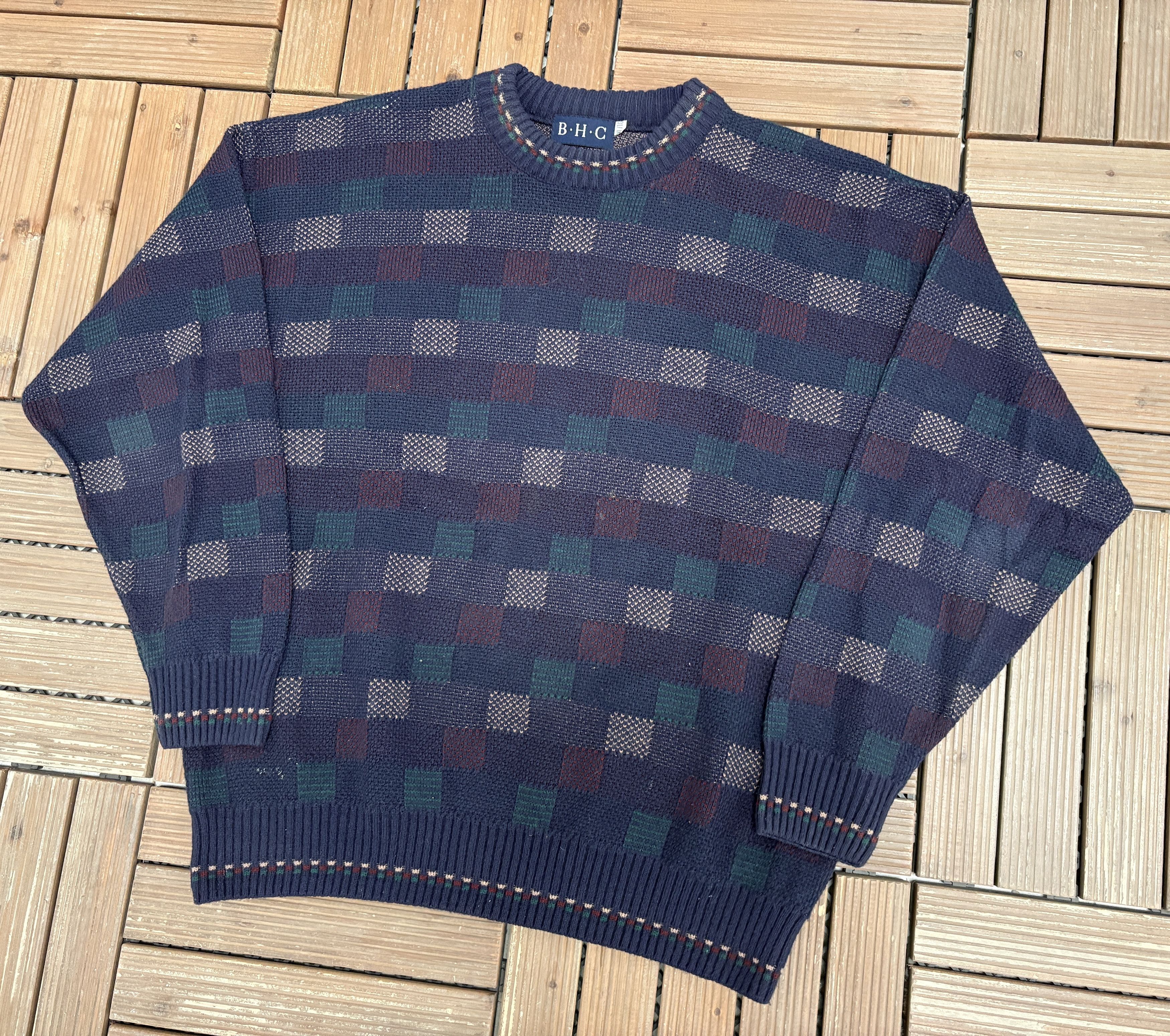 Vintage B.H.C. Boxed Pattern Vintage Blue Knit Sweater Size US XL / EU 56 / 4 - 2 Thumbnail