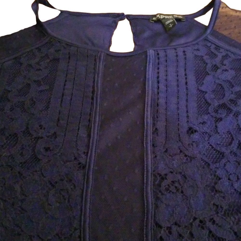 Express Express Ladies Size Small Navy Blue Lace Short Sleeve Blouse Size S / US 4 / IT 40 - 3 Thumbnail