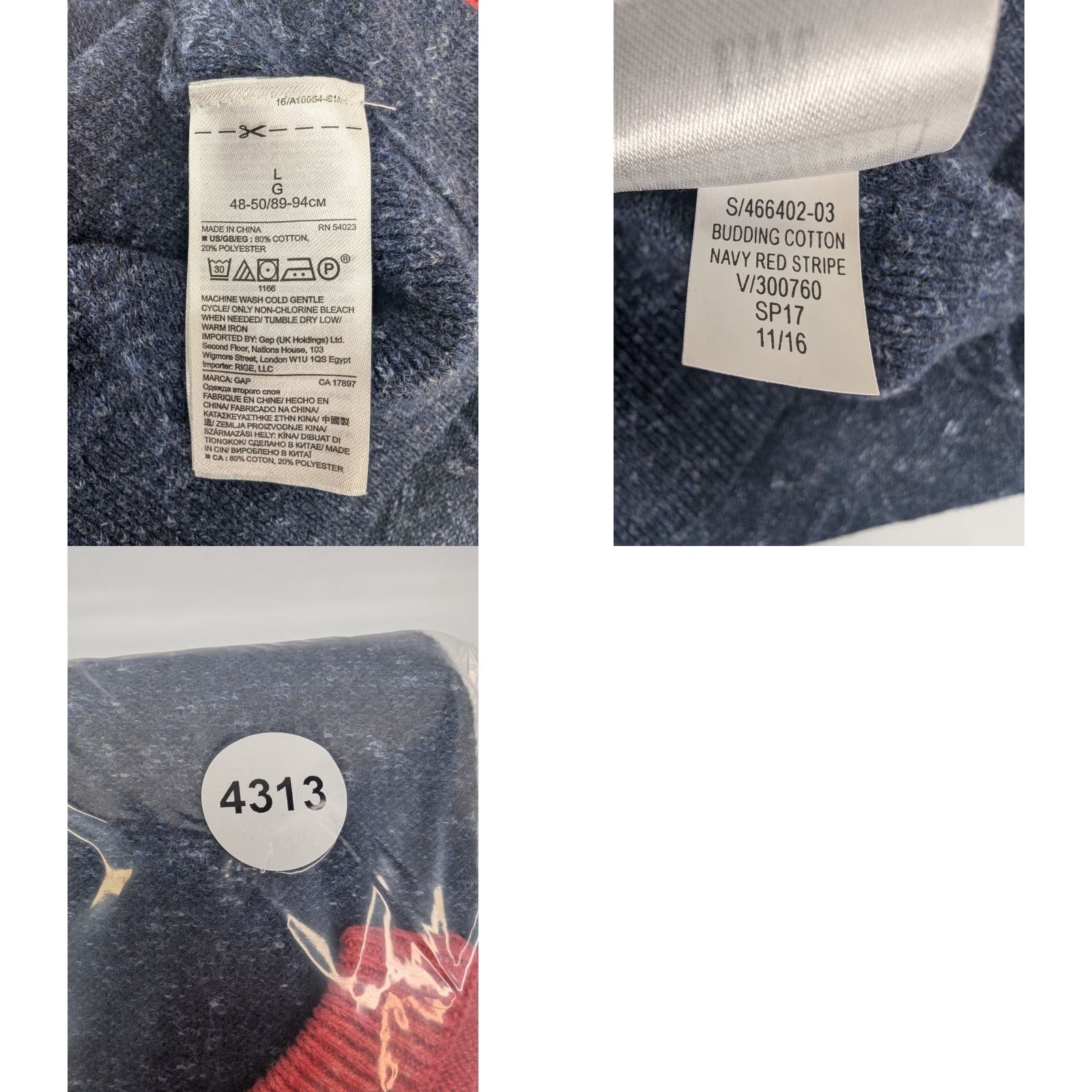 Gap Gap Sweater Men Large Cotton Crew Neck Pullover Navy Blue Red Stripe Budding Size US L / EU 52-54 / 3 - 8 Thumbnail