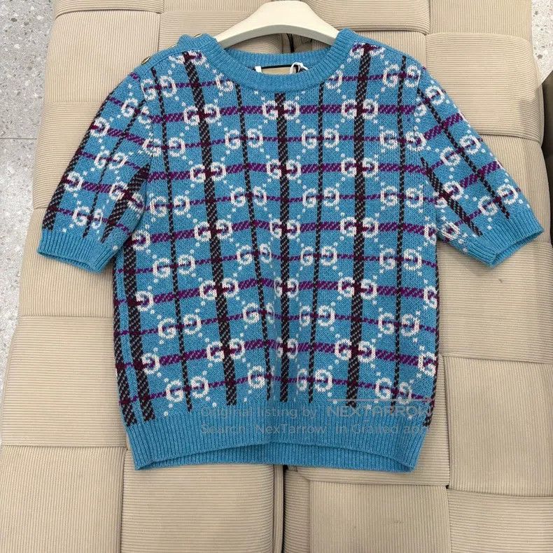 Gucci Gucci Blue double G full printed wool knitted short sleeve Size L / US 10 / IT 46 - 1 Thumbnail