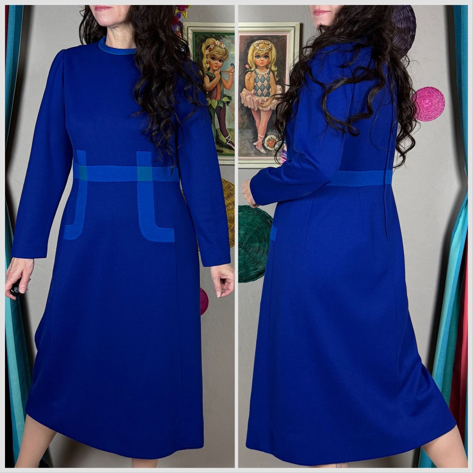 Vintage Vintage 1970s Blue Wool Long Sleeve Knit Sweater Dress Size S / US 4 / IT 40 - 3 Thumbnail