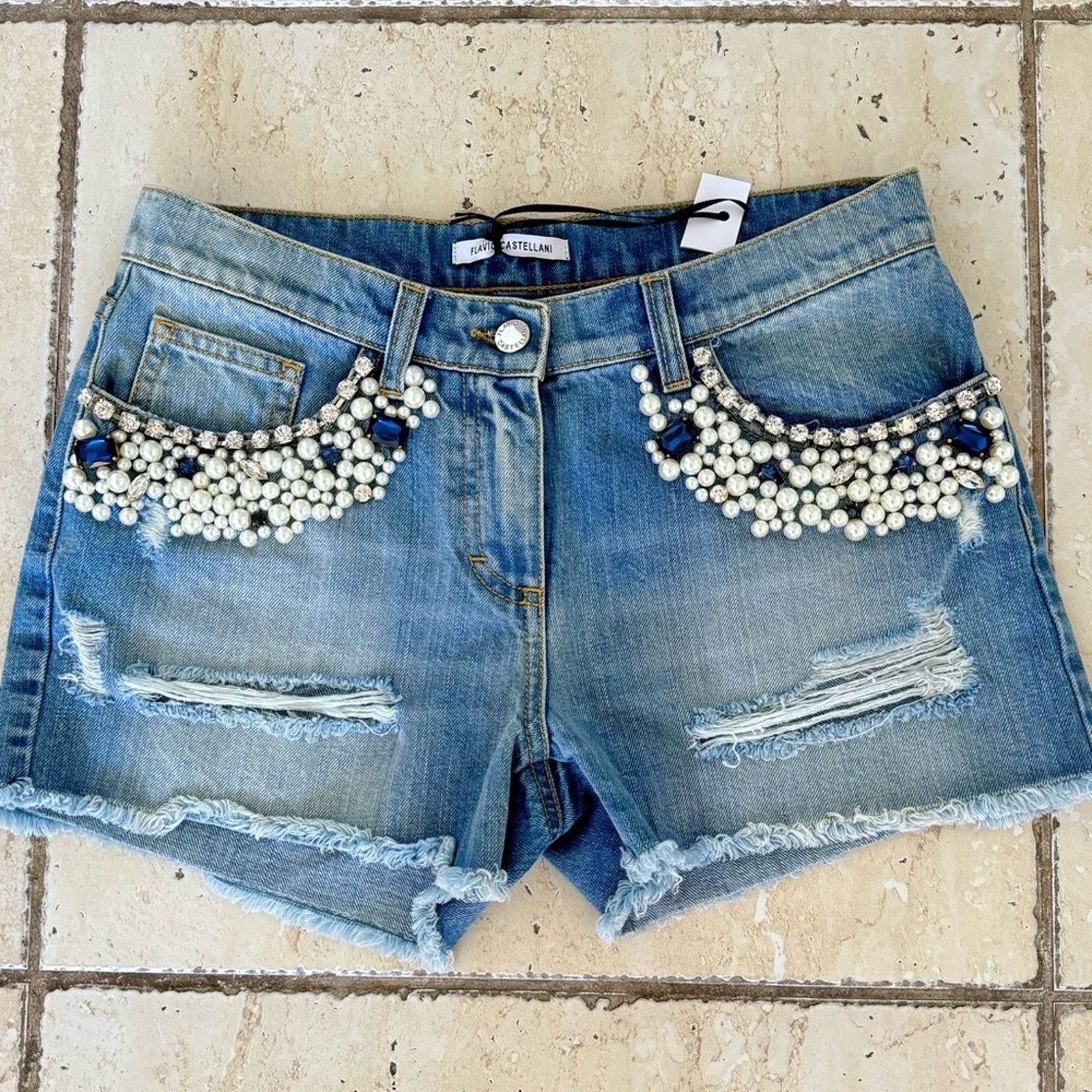 Other New! Flavio Castellani Jeans Shorts, Size 40 Crystals/Pearls Size 27" / US 4 / IT 40 - 1 Thumbnail