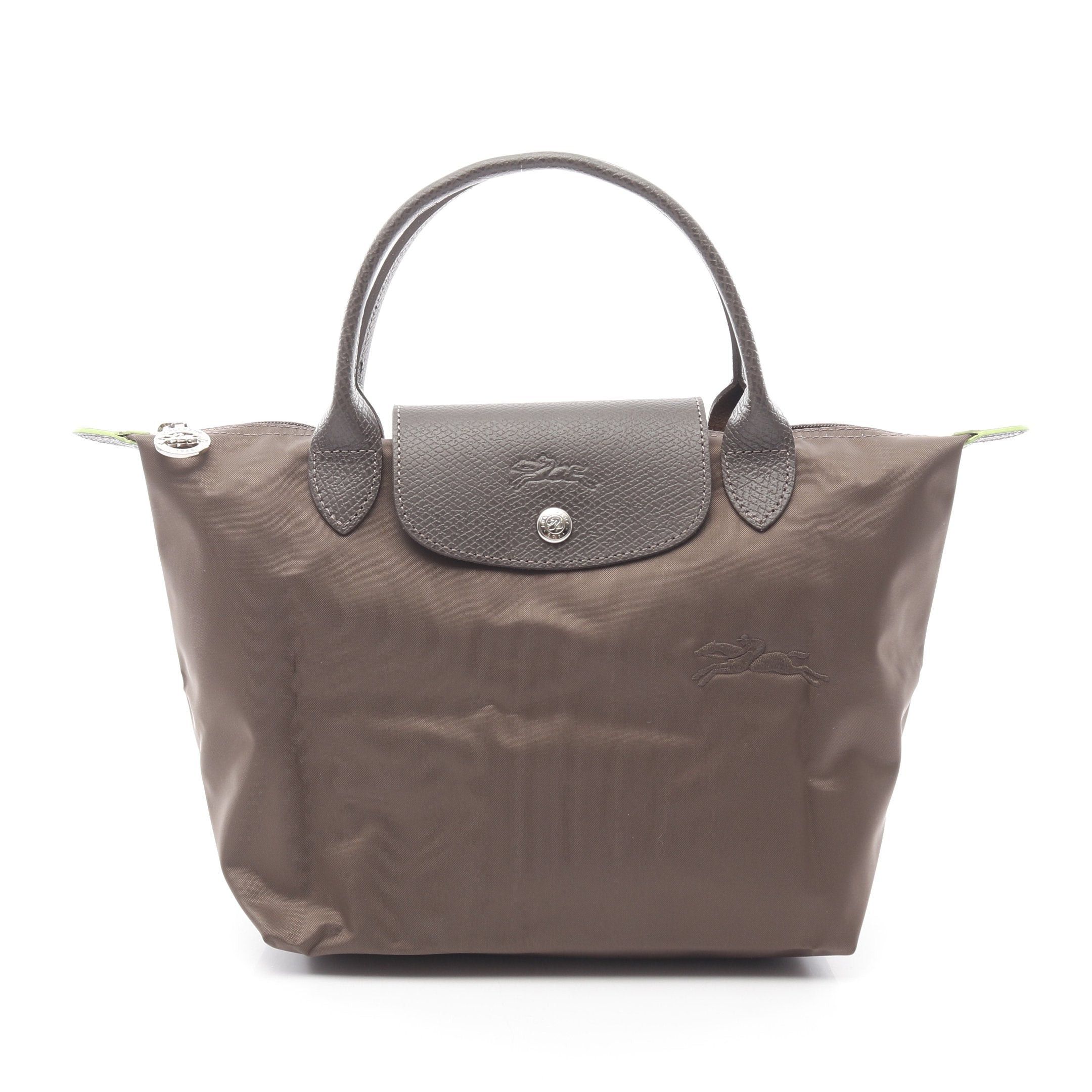 Longchamp Le Preage Green S Top Handle Handbag Tote Bag Nylon Leather Gray Brown, Women's
