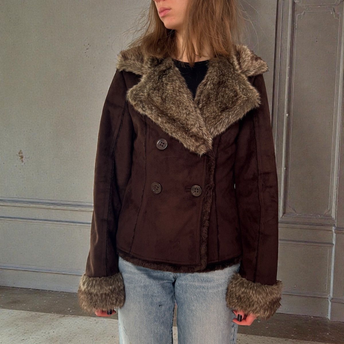 Orsay Y2K Boho Faux Fur Shearling Aviator Coat Jacket