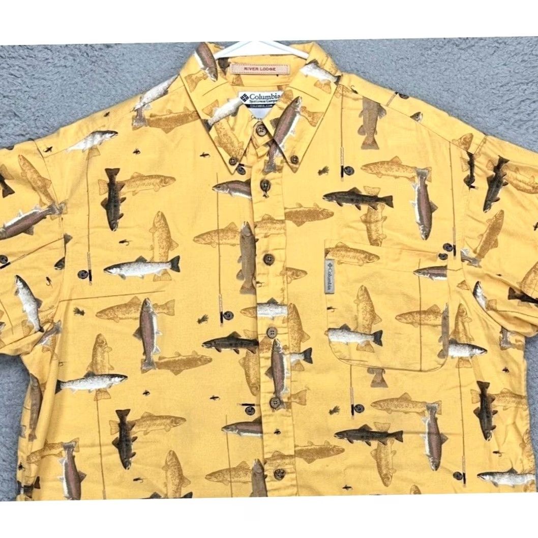 Vintage Columbia Button Up Shirt Mens Large Yellow All Over Fish Print River Lodge Short Sleeve Casual Breathable Lightweight Pockets Size US L / EU 52-54 / 3 - 2 Thumbnail