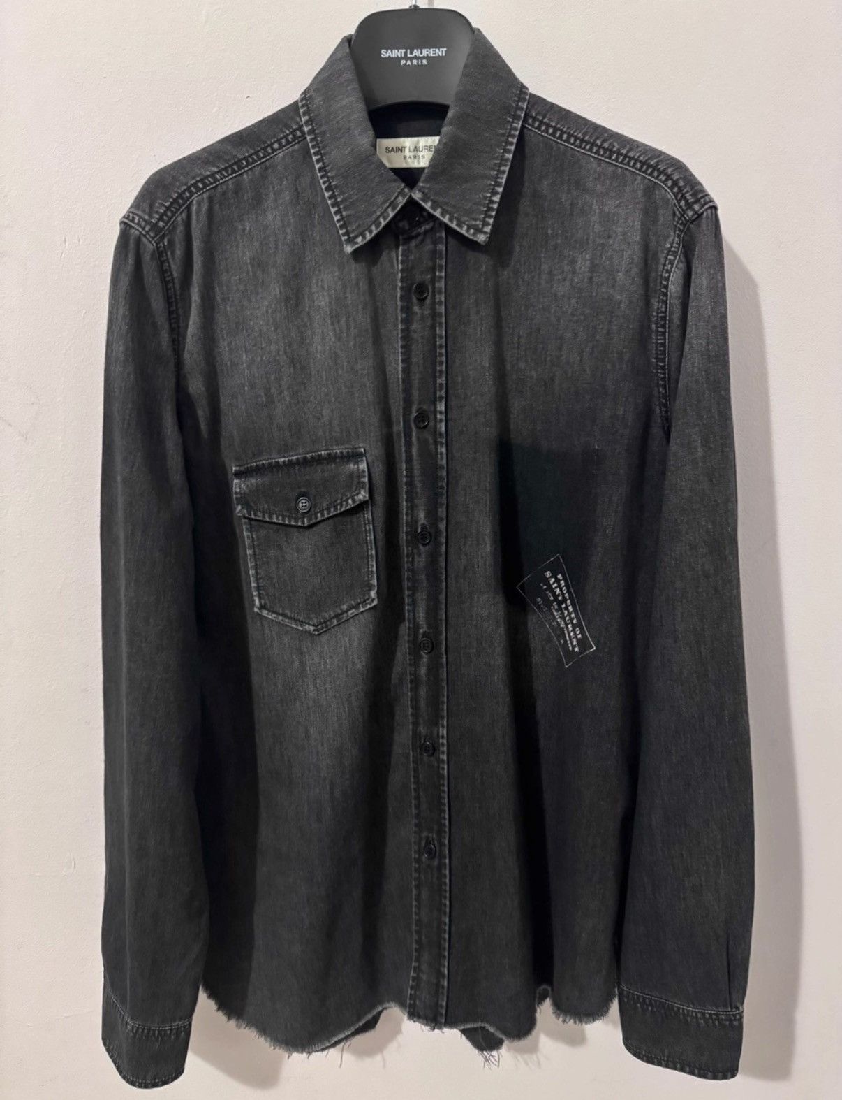 Saint Laurent Paris SLP 18SS Gray Distressed Single-Pocket Frayed Hem Shirt Size US S / EU 44-46 / 1 - 1 Thumbnail