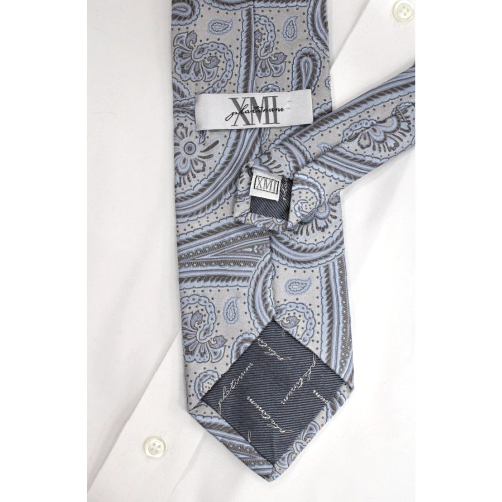 Vintage XMI Platinum Necktie Men's Silk Necktie Designer USA Paisley Silk Handmade Classic 57"-60" Silver Blue Gray Men’s Tie Size ONE SIZE - 4 Thumbnail