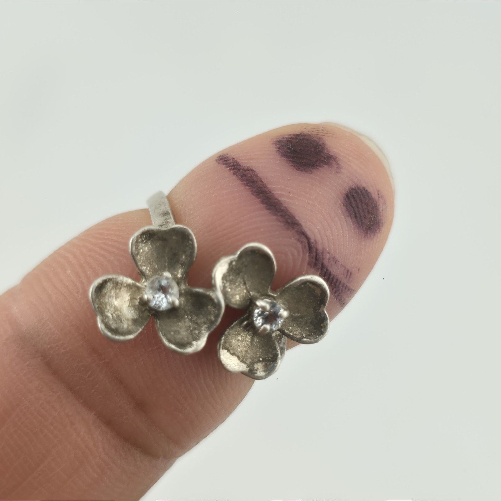 Other Sterling Silver Flower Ring Clear Stone Double Blossom 5.5 Size ONE SIZE - 1 Thumbnail