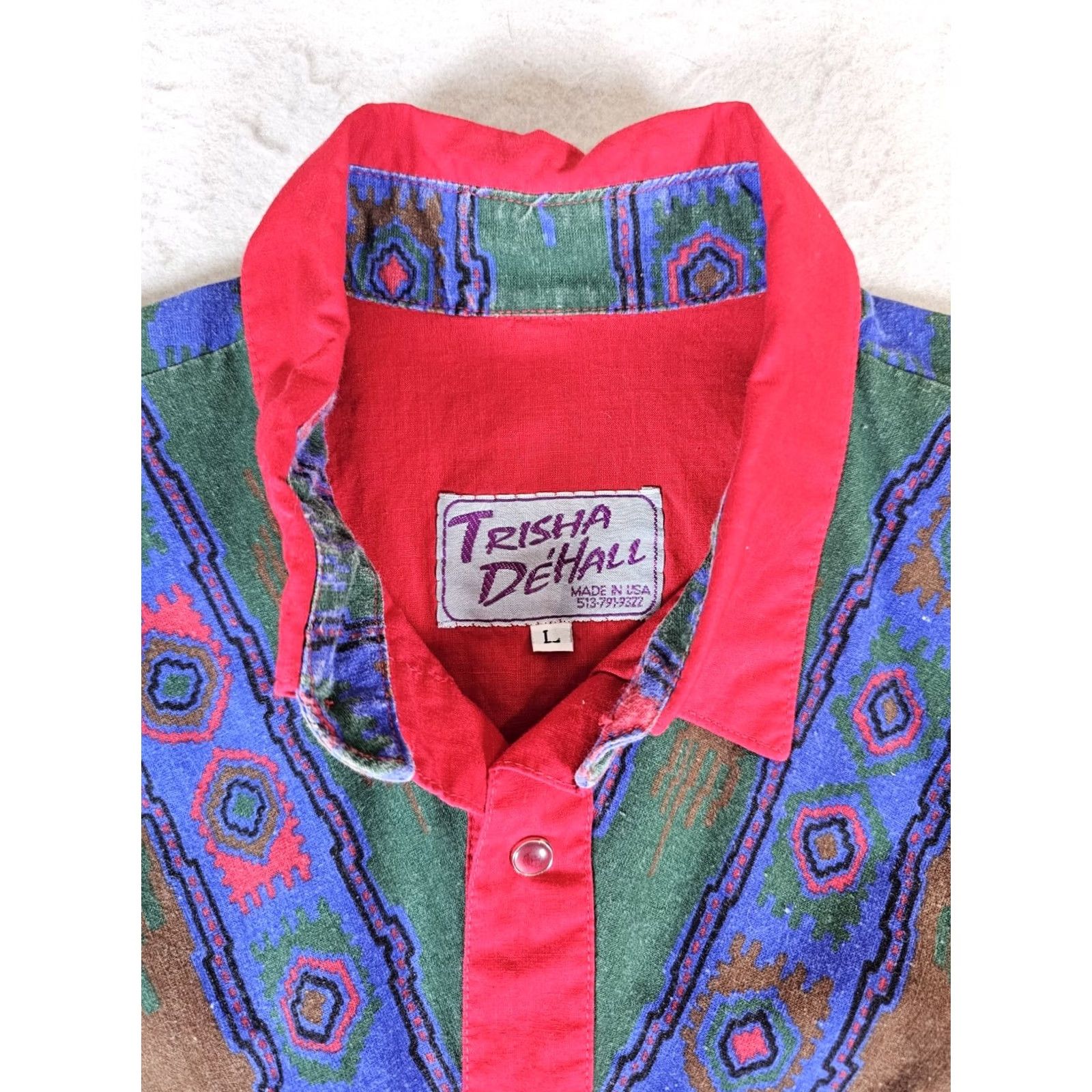 Vintage VINTAGE Trisha DeHall Western Shirt Lg Long Sleeve Rockabilly Cowboy Red Aztec Pearl Snap Mens Size US L / EU 52-54 / 3 - 3 Thumbnail