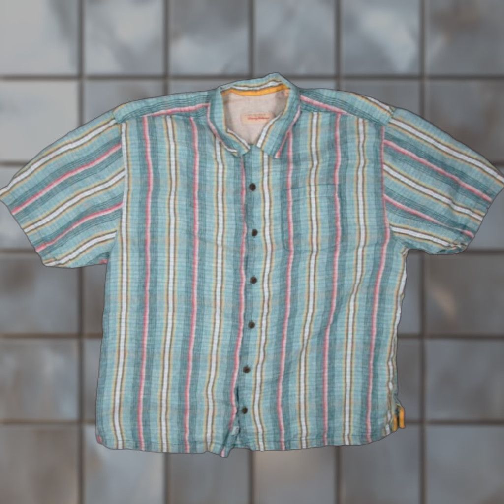 Tommy Bahama Tommy Bahama Shirt Mens 1XB Blue Striped Button Up Linen Hawaiian Loop Collar Shirt Size US XL / EU 56 / 4 - 1 Thumbnail
