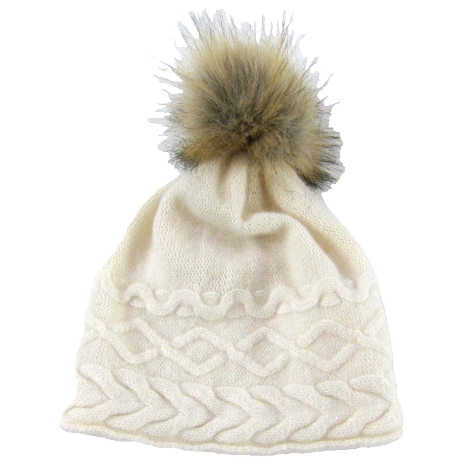 Vintage White Pine Beanie Hats Womens One Size Ivory 100% Cashmere Soft Cozy Pom Pom Knit Winter Fall Winter Accessories Size ONE SIZE - 2 Thumbnail