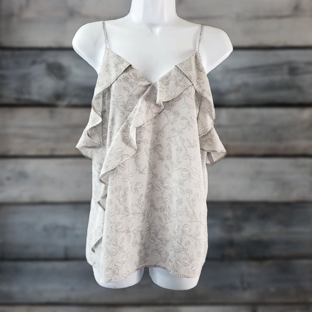 Banana Republic VINTAGE Banana Republic Womens Cold Shoulder Top XS Gray White Floral Ruffle Blouse Shirt Size XS / US 0-2 / IT 36-38 - 1 Thumbnail