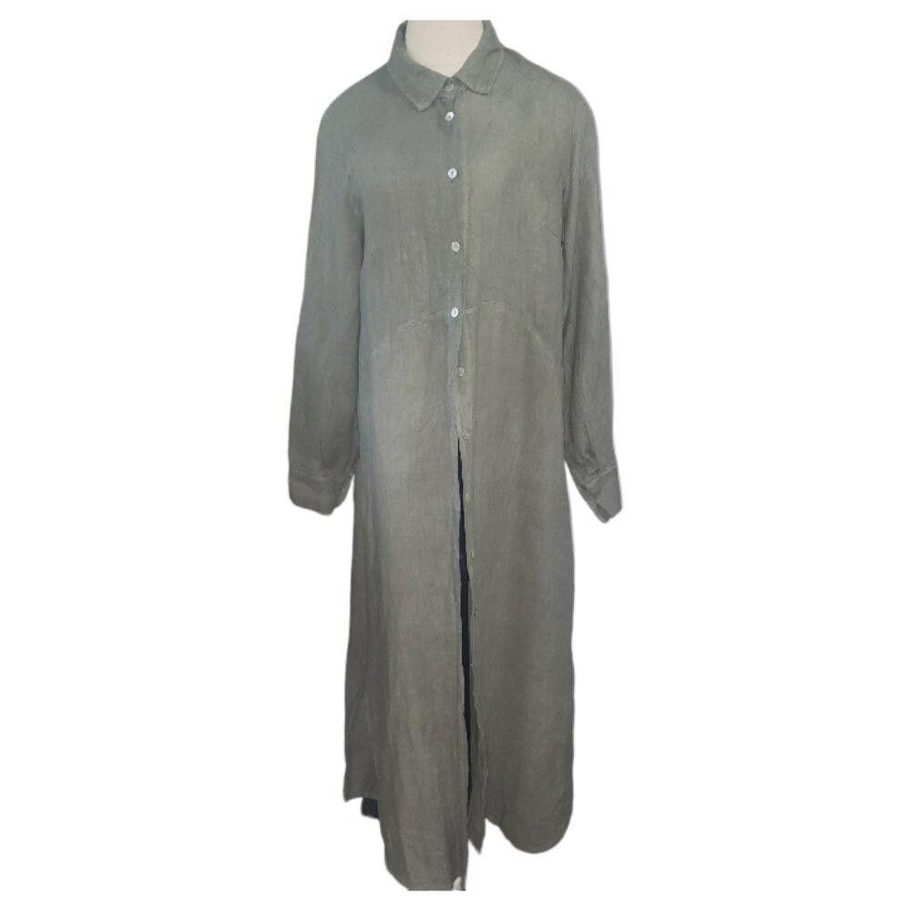 Designer CT1611 Made in Italy Olive Green Linen Long Sleeve Dress M Size M / US 6-8 / IT 42-44 - 1 Thumbnail