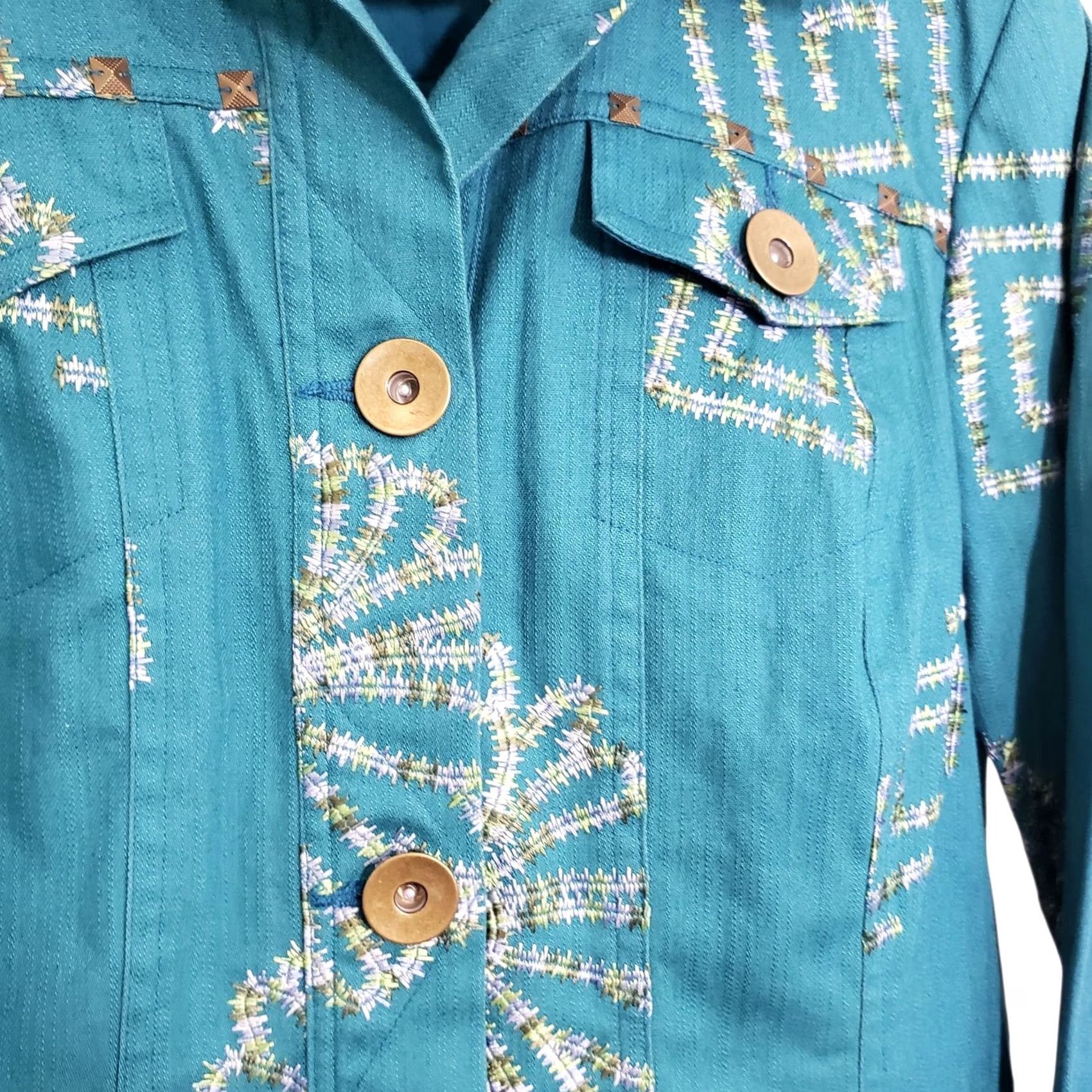 Vintage Multiples Embroidered Denim Jacket XS Turquoise Blue Size XS / US 0-2 / IT 36-38 - 4 Thumbnail