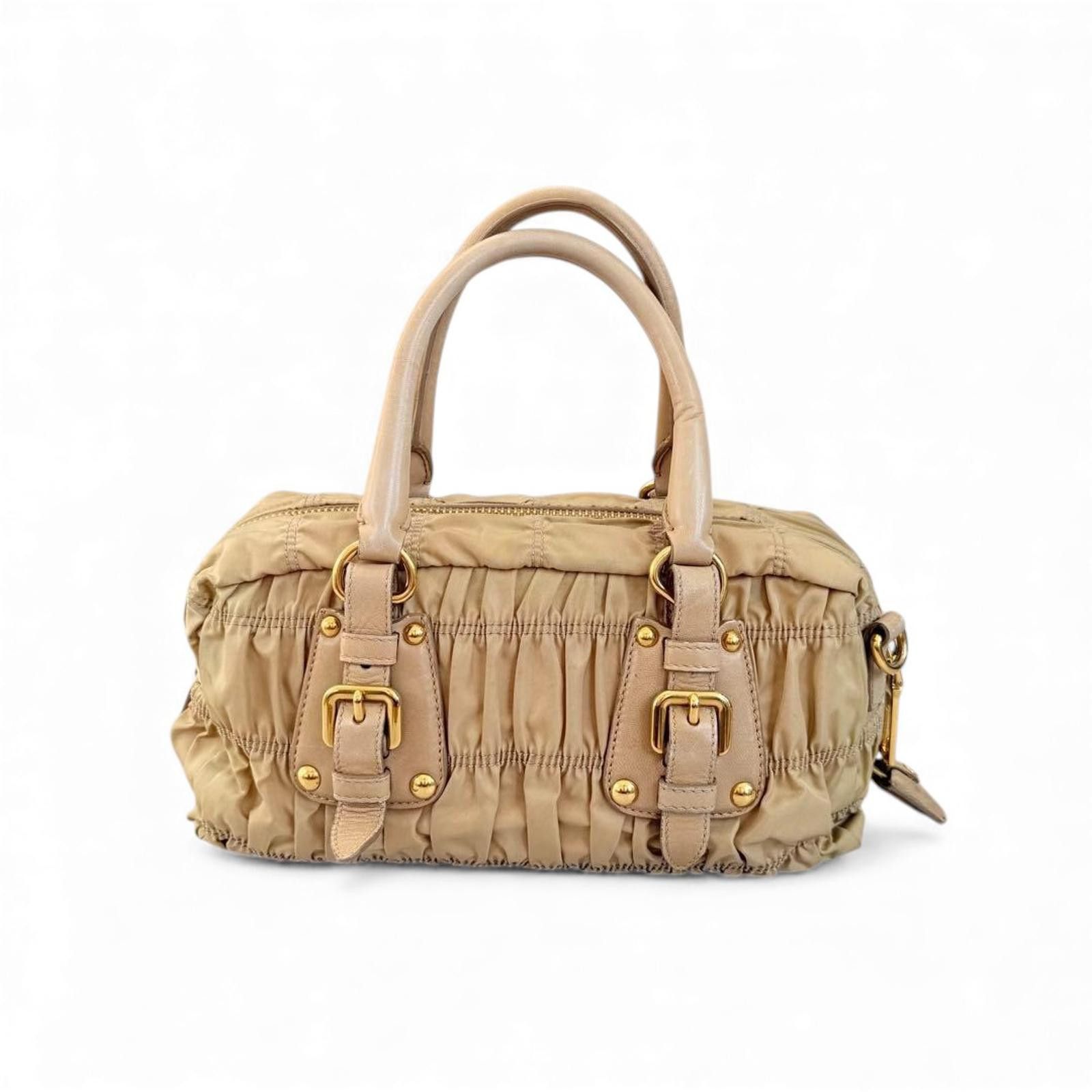 Prada Prada - Beige Ruched Leather Handbag Gold Hardware Size ONE SIZE - 3 Thumbnail