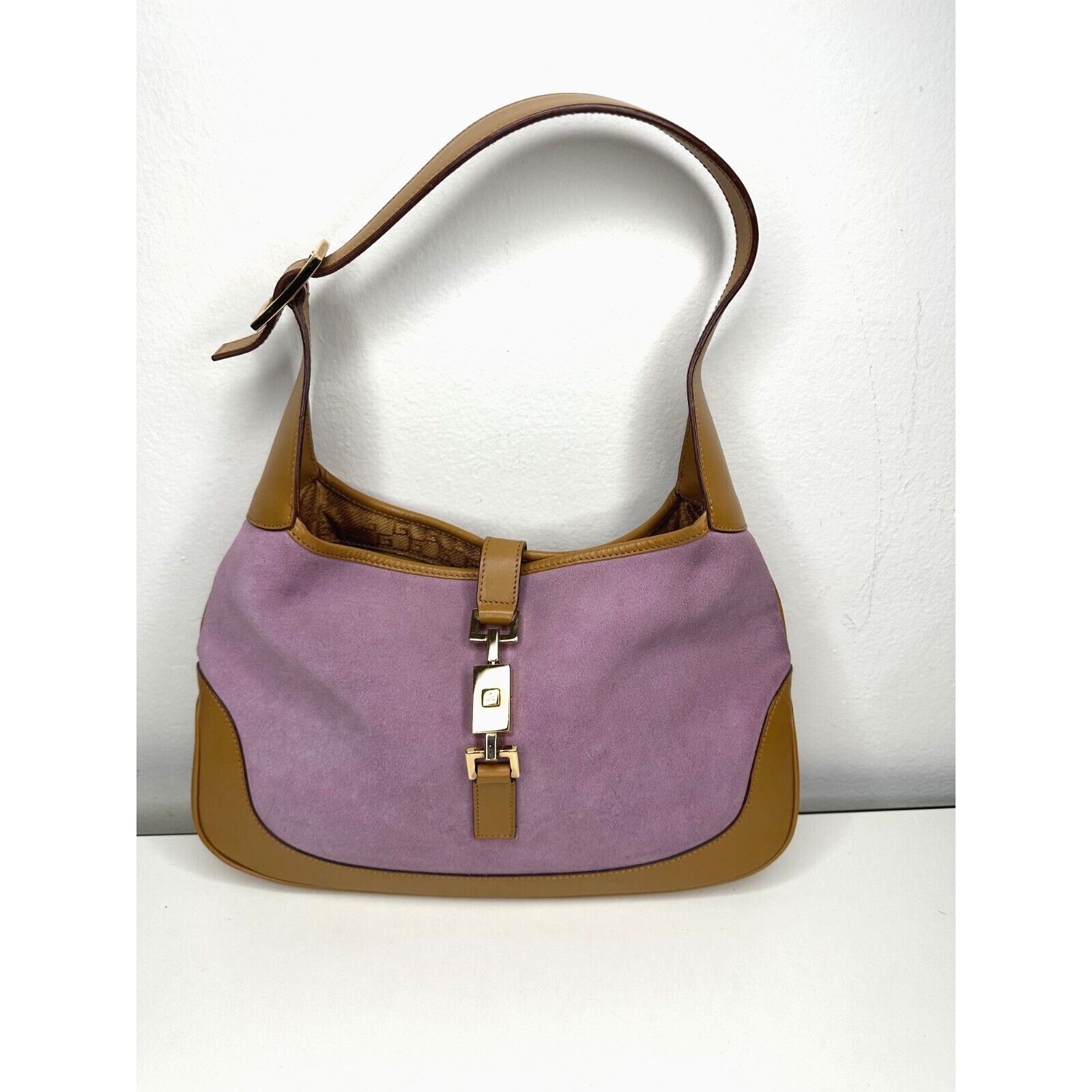 Gucci Lavender Suede Tan Trim Latch Strap Shoulder Bag in Purple, Women's