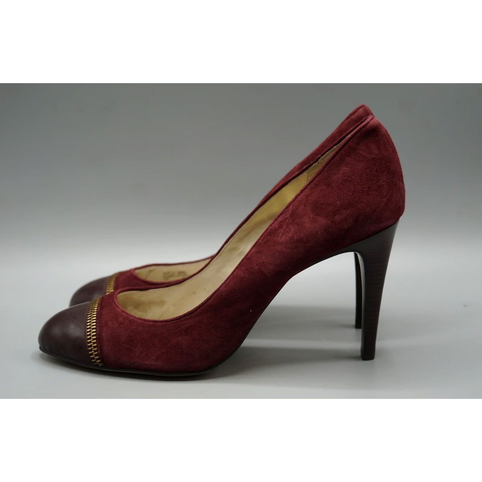 Michael Kors VINTAGE Michael Kors Women's 10M Maroon Suede Brown Leather Cap Toe Zipper Stiletto Pump Heel Size ONE SIZE - 3 Thumbnail