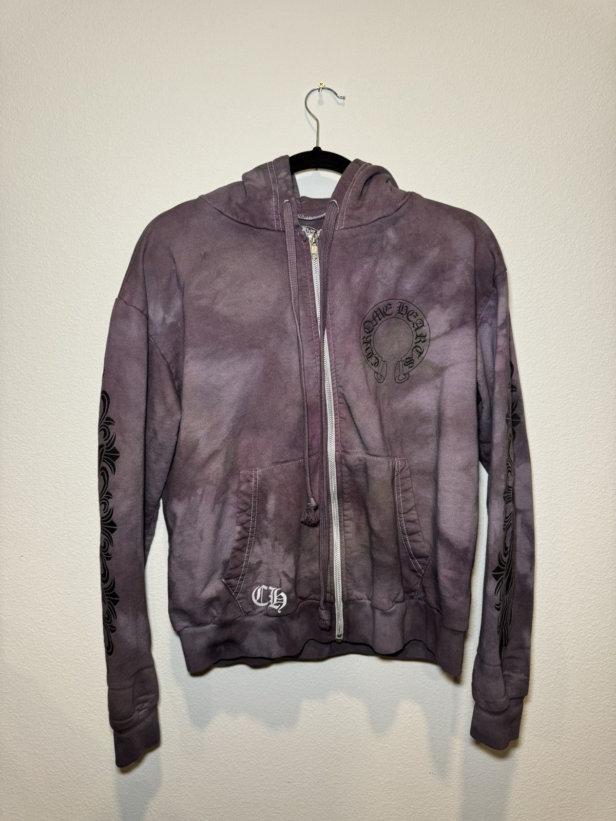 image of Chrome Hearts Tie Dye Floral Dagger Horseshoe Zip Up Hoodie, Men's (Size XS)