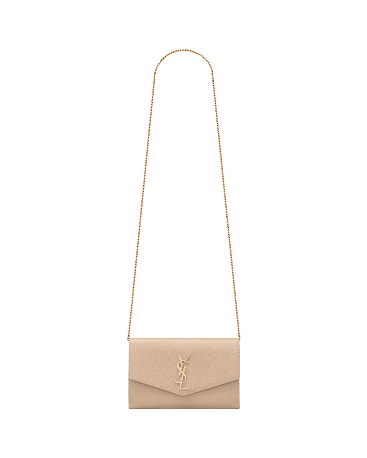 SAINT LAURENT Uptown Dk Beige Lthr Chain Wallet New & Auth