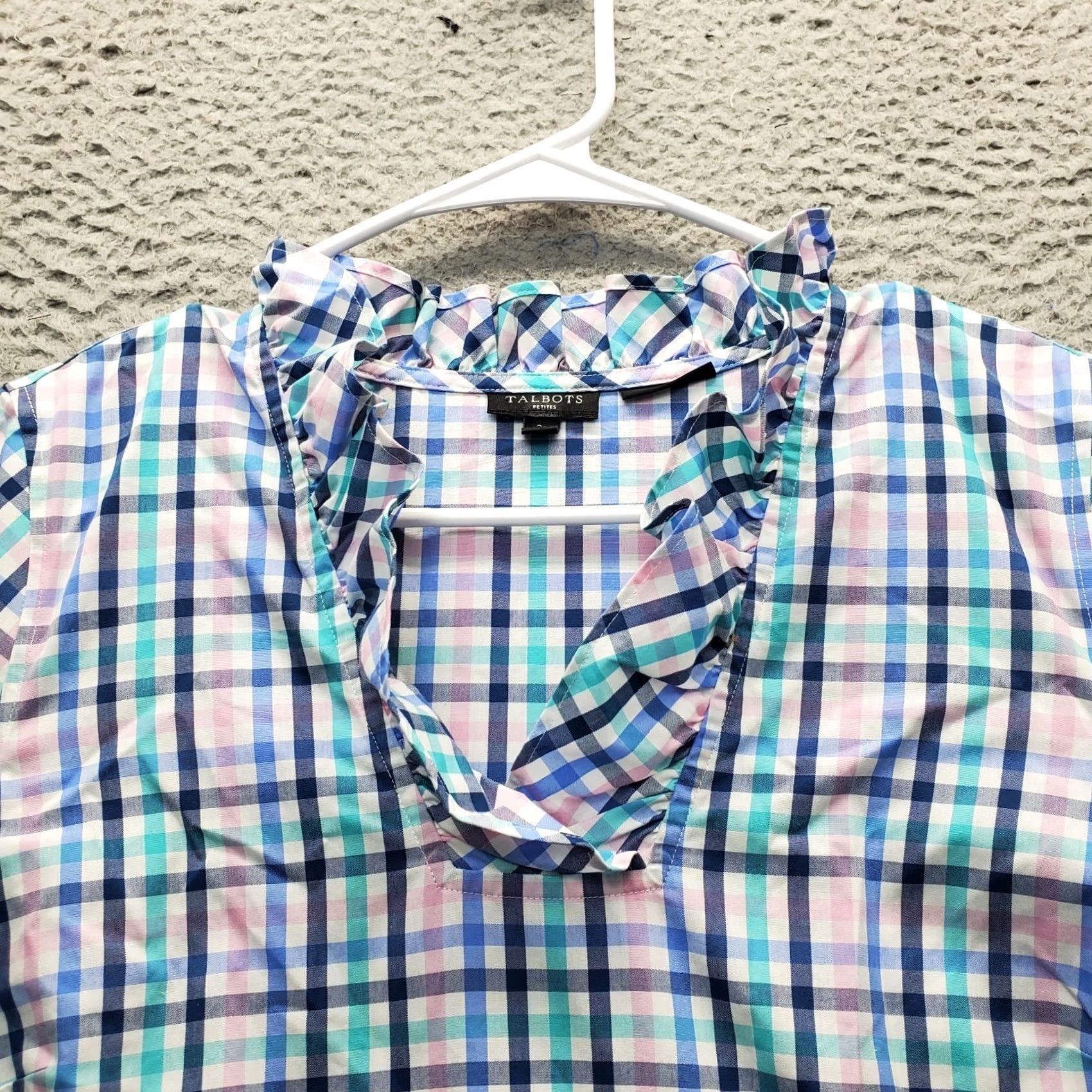 Talbots Talbots Tunic Top Womens Size 2P Multicolor Plaid Non-Iron Ruffle V-Neck Pullover Size XS / US 0-2 / IT 36-38 - 6 Thumbnail