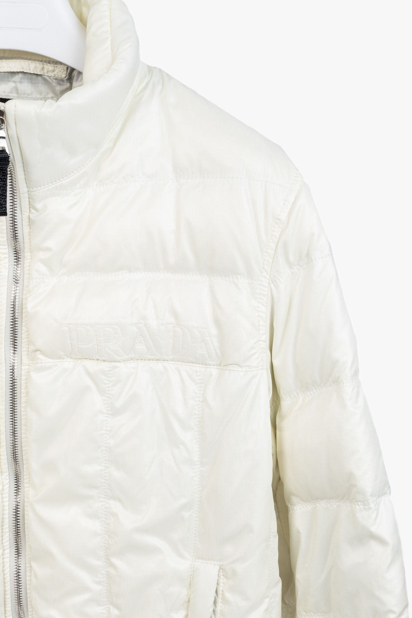 Prada Prada Cream Nylon Embroidered-Logo Quilted Down Puffer Size US XL / EU 56 / 4 - 4 Thumbnail