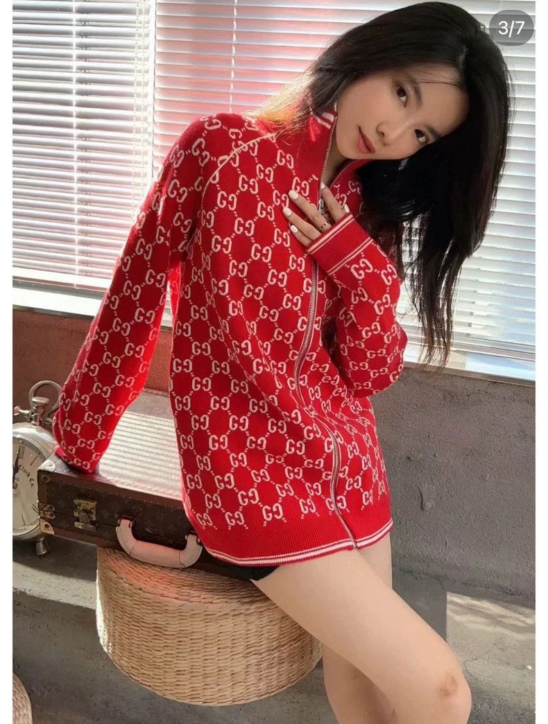 Gucci Gucci Red double G full print knitted cashmere zipper cardi Size US XS / EU 42 / 0 - 9 Thumbnail