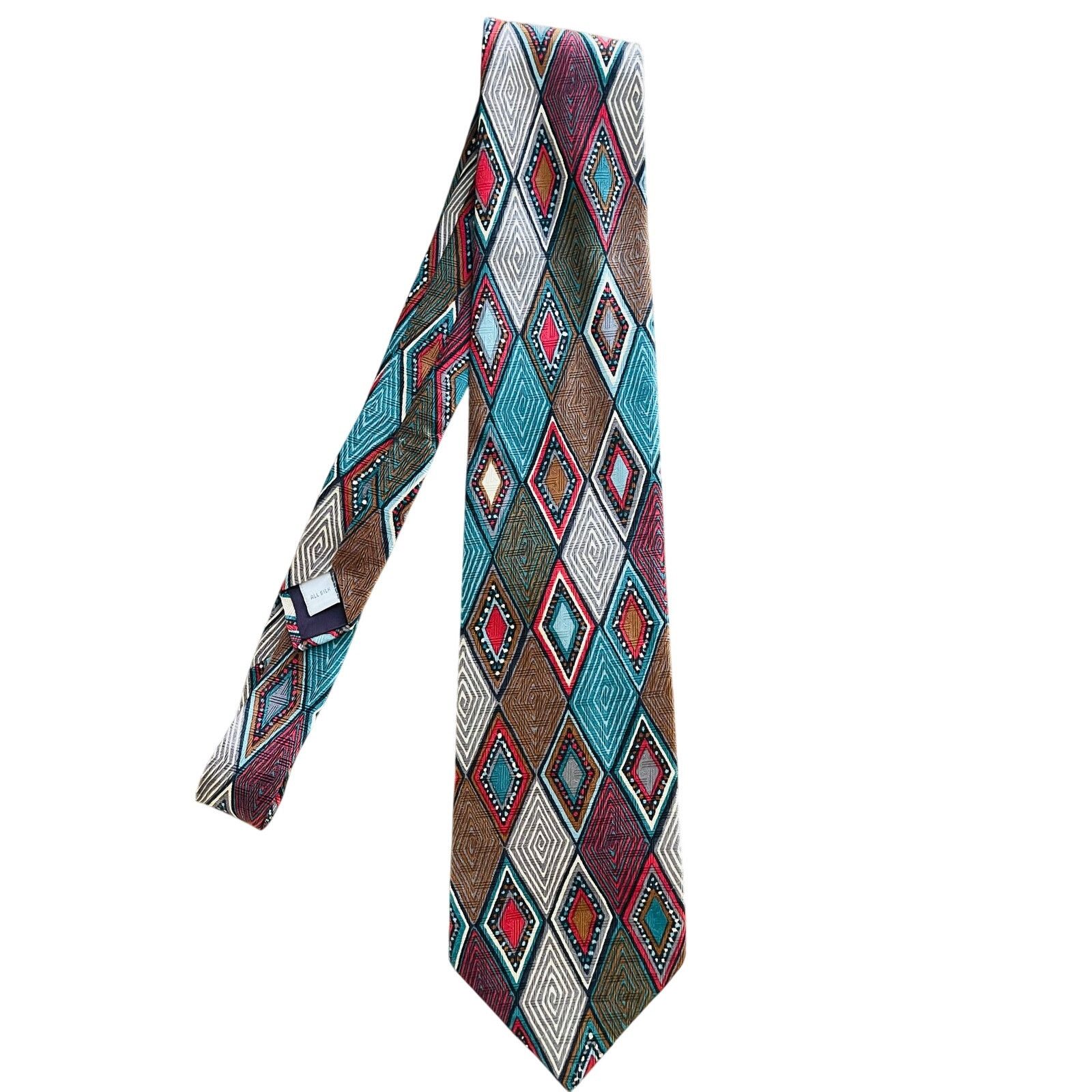 Bachrach Bachrach Geometric Diamond Print Silk Tie Multicolor Retro Size ONE SIZE - 4 Thumbnail