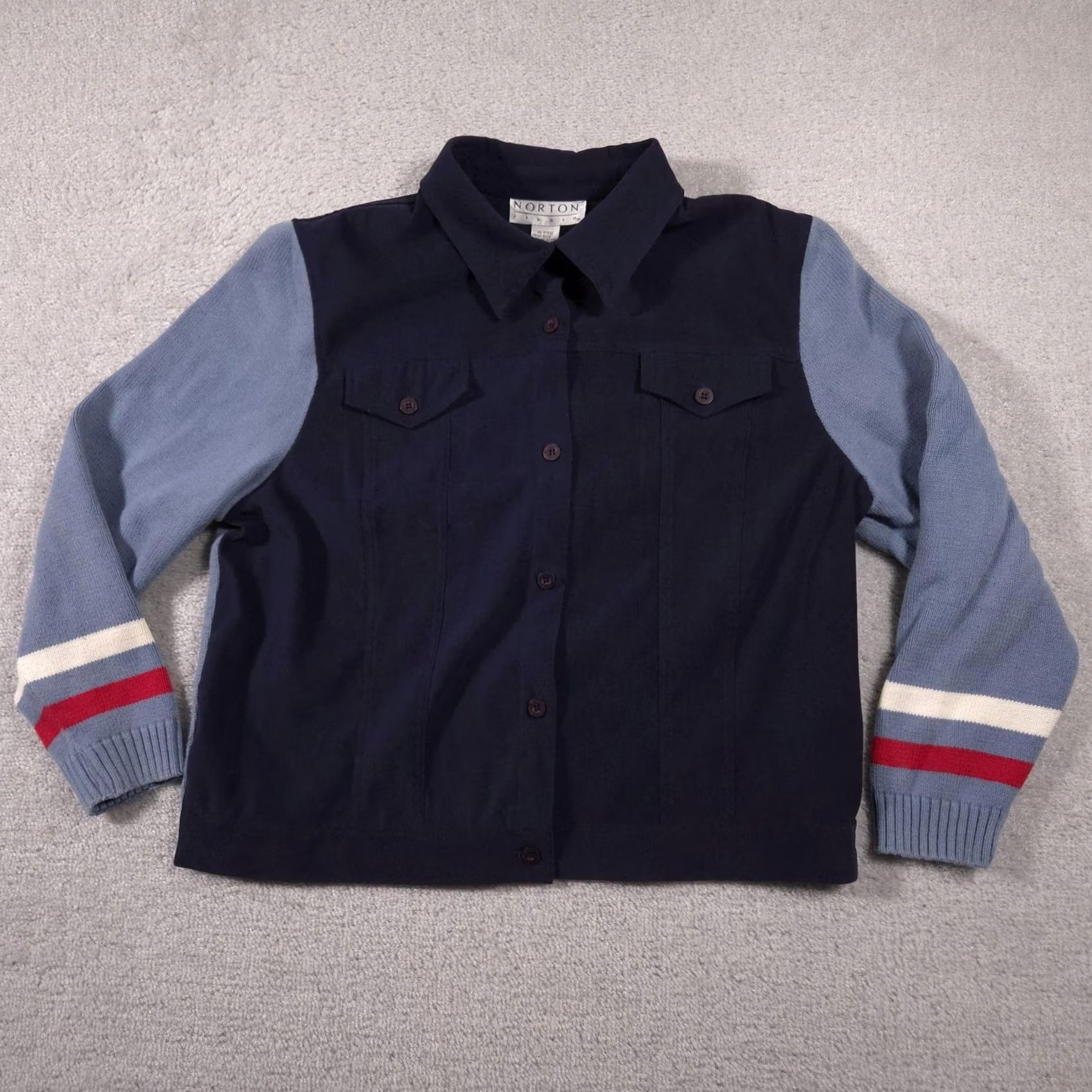 Vintage Norton Studio Jacket Womens XL Navy Blue Knit Sleeves Star Back Button Front Size XL / US 12-14 / IT 48-50 - 2 Thumbnail