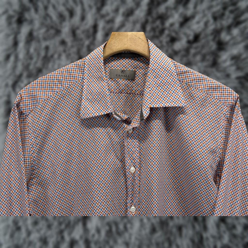 Canali Canali Button-Up Shirt Mens XL Blue Orange Cotton Made In Italy Geometric Pattern Classic Designer Italian Western Preppy Regular Fit Size US XL / EU 56 / 4 - 1 Thumbnail