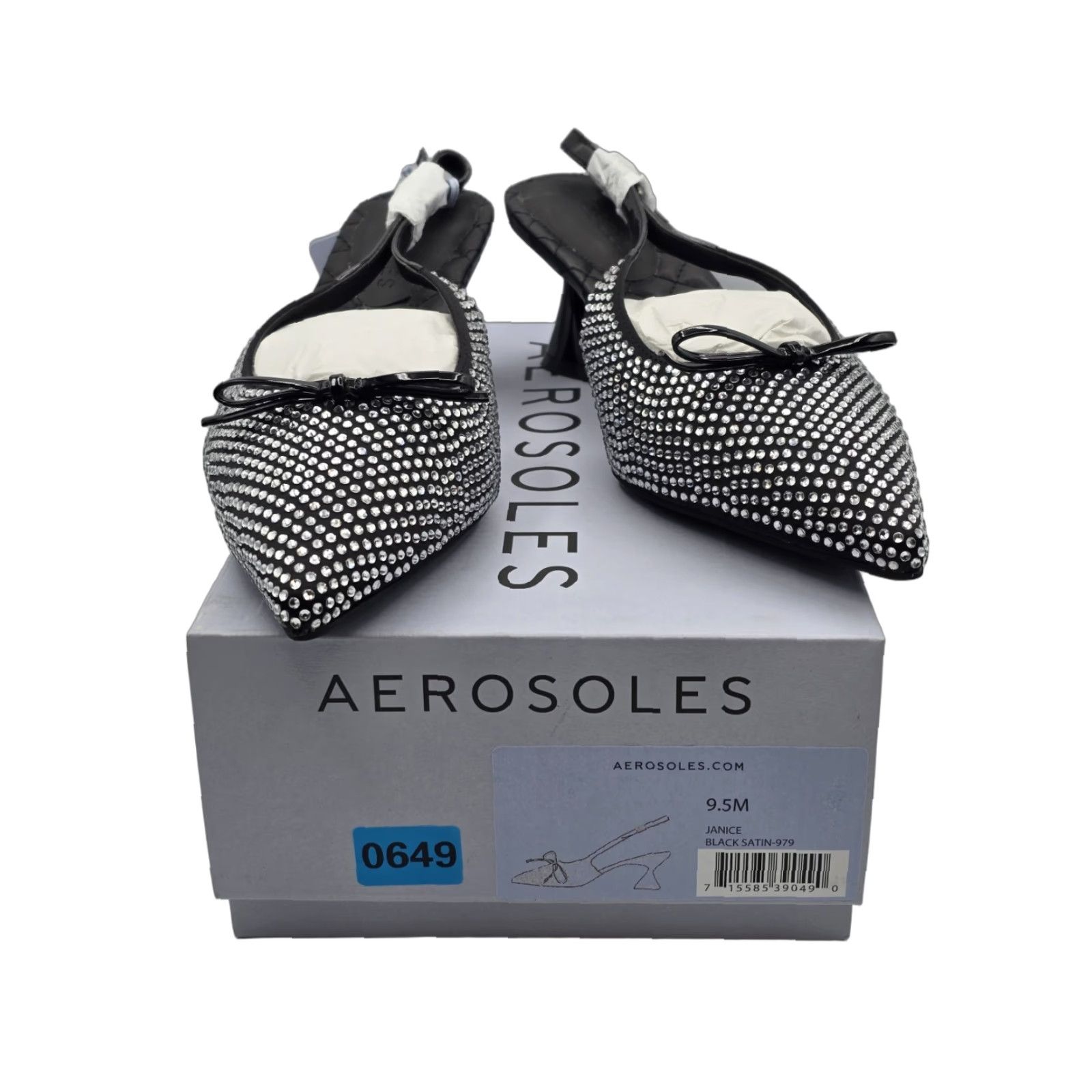 Vintage Aerosoles Janice Pump - Women's Black Satin - Size 9.5 M - Pointed Toe - Rhinestone, Bow, Buckle - Spool Heel - Formal Everyday Wear - Shoes - Women Size US 10 / IT 40 - 1 Thumbnail