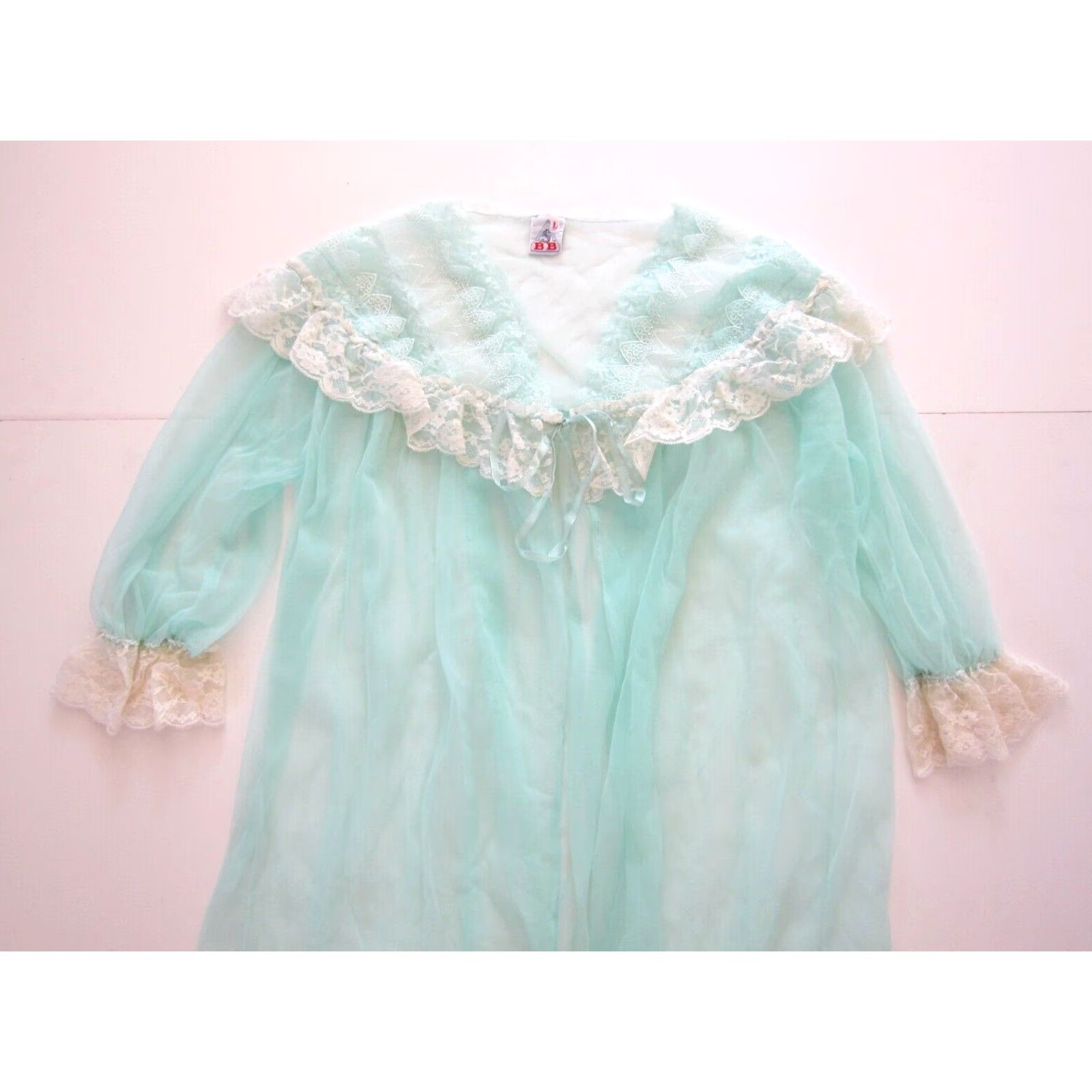 Vintage Vintage BB Teal Blue Ivory Lace Victorian Romantic Lingerie Long Robe Large BB Womens Robe XL Blue Lace Holiday Vintage Size ONE SIZE - 5 Thumbnail