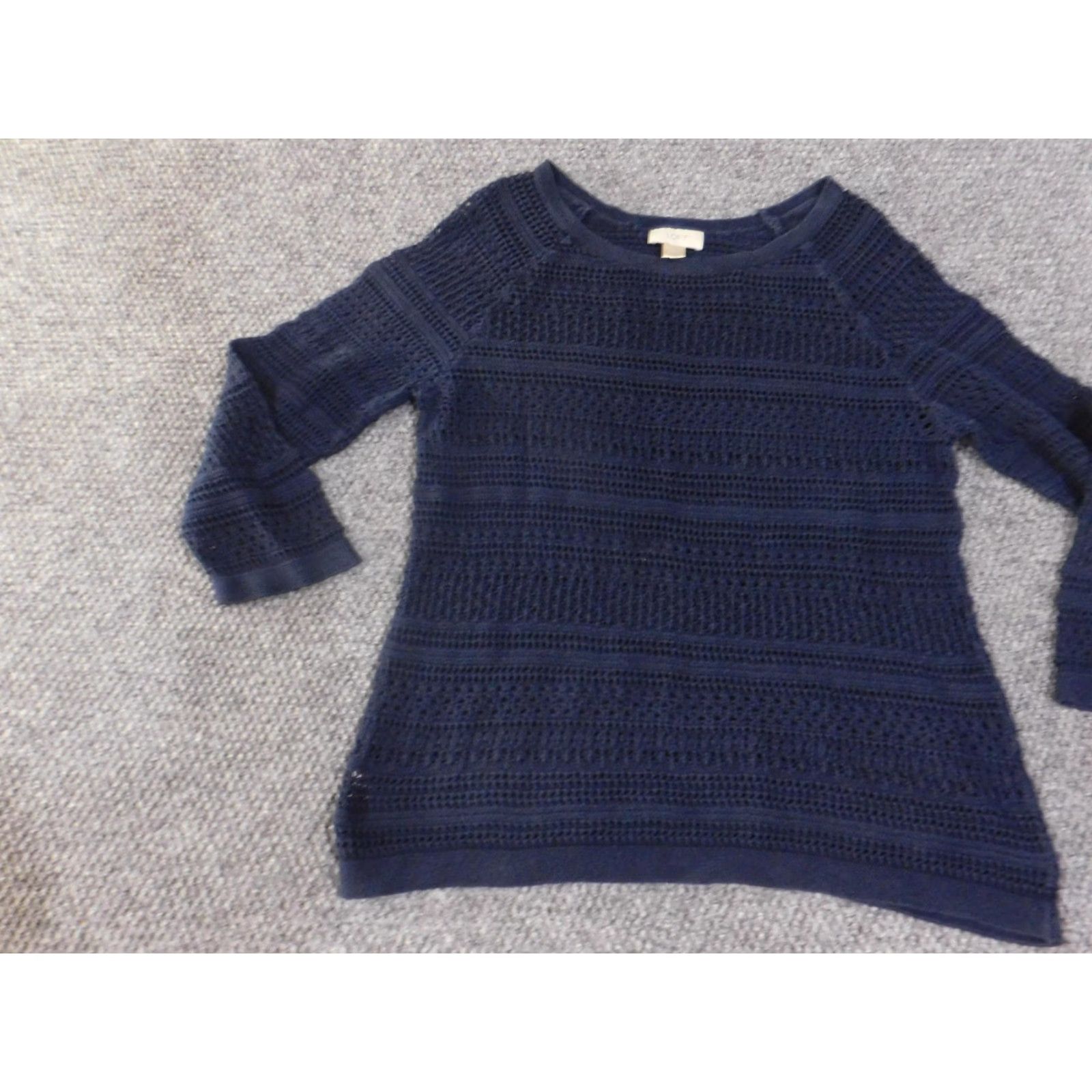 Loft LOFT Sweater Women Large Navy Blue Open Knit 3/4 Sleeve Pullover Crewneck 100% Cotton Crochet Accents Womens Size L / US 10 / IT 46 - 3 Thumbnail