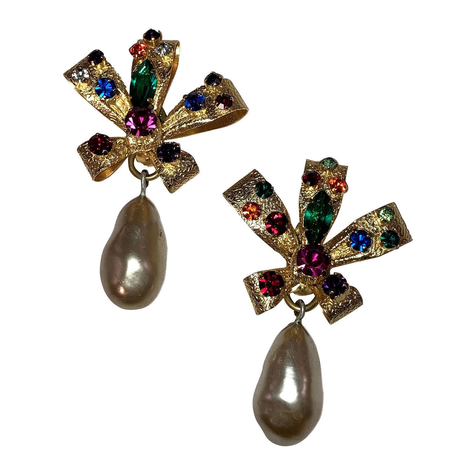 Designer Haute Couture Gold Bow Rhinestone Simulated Pearl Earrings Size ONE SIZE - 2 Thumbnail
