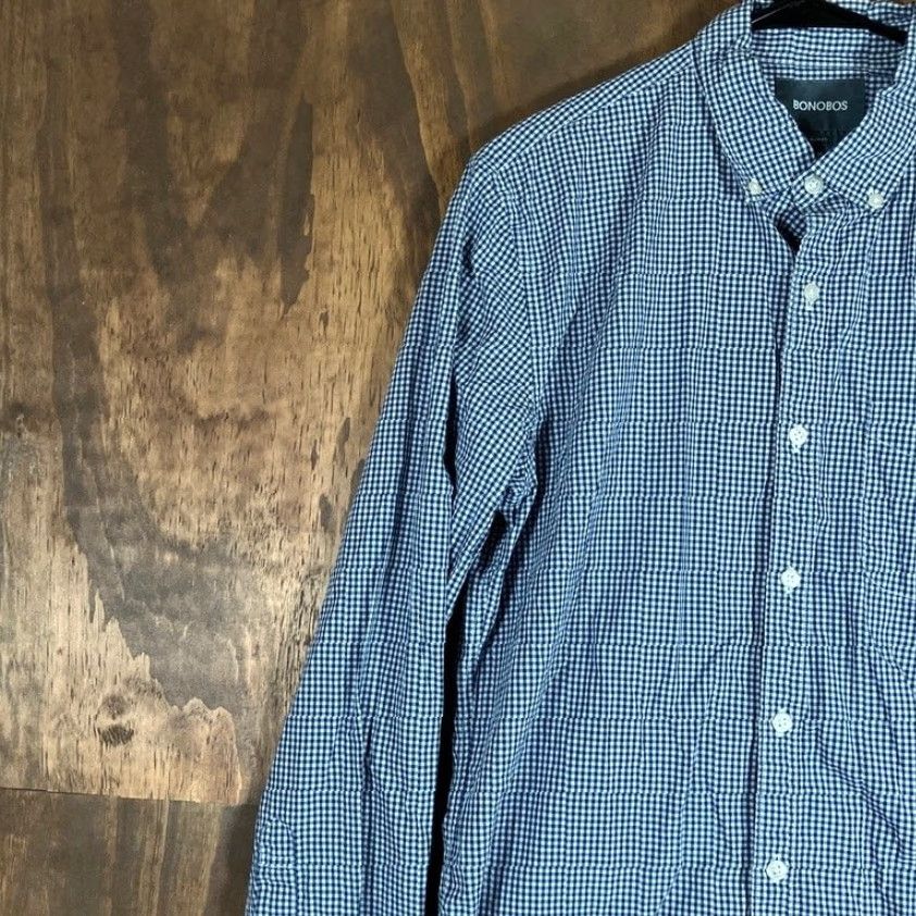 Bonobos Bonobos Men Shirt Blue White Gingham Plaid Slim Collared Button Down Stretch M Shirt Size US M / EU 48-50 / 2 - 4 Thumbnail