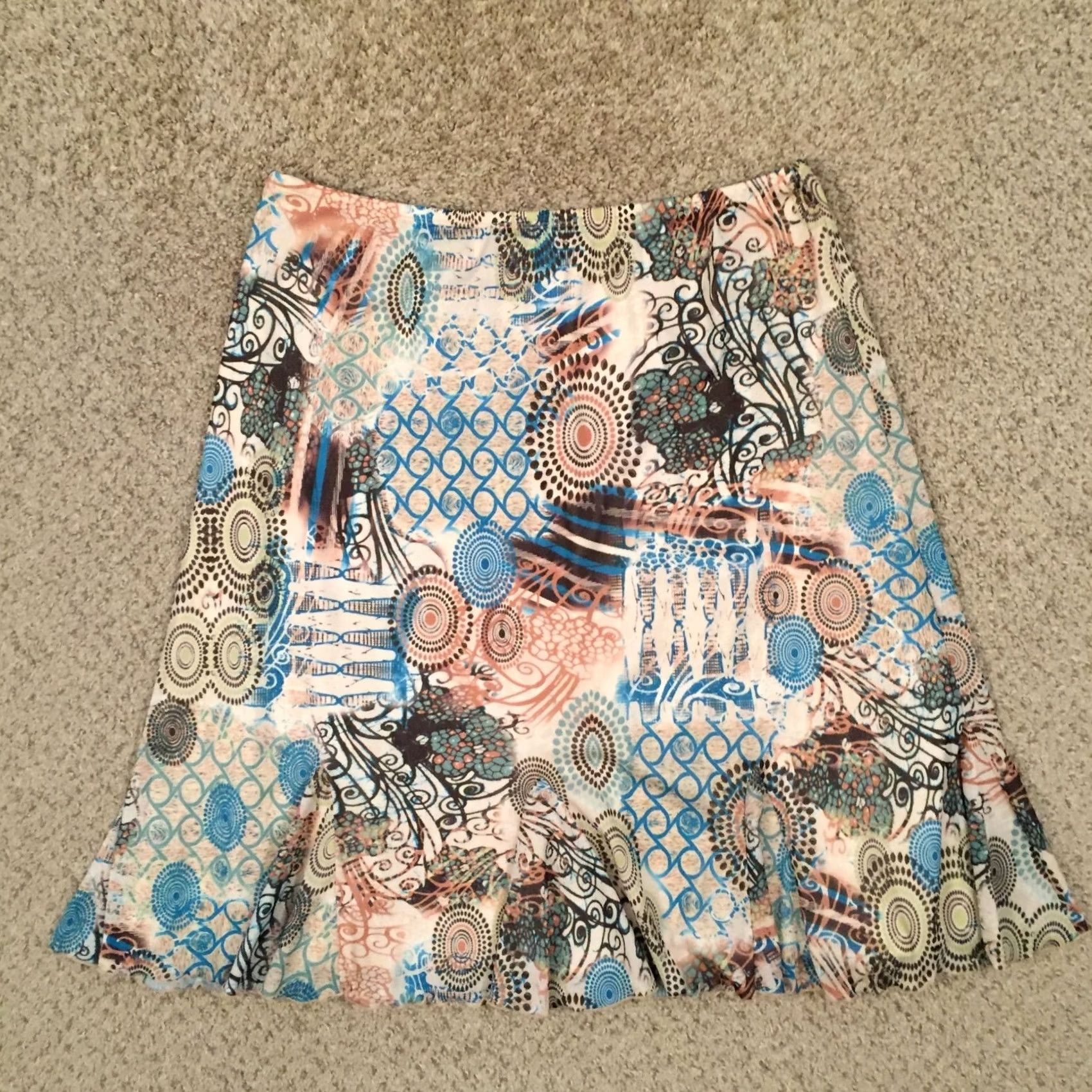 Vintage Preswick & Moore Geocuted Knee Length Blue Beige Polyester Skirt XL Size 40" / US 18 - 2 Thumbnail