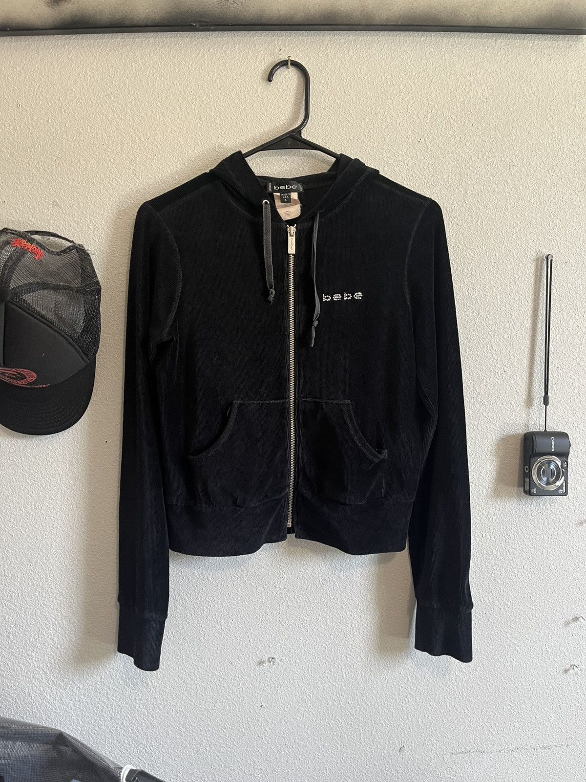 Bebe Y2K Bebe Black Velour Zip-Up Hoodie w/ Rhinestone Logo (L) Size L / US 10 / IT 46 - 1 Thumbnail