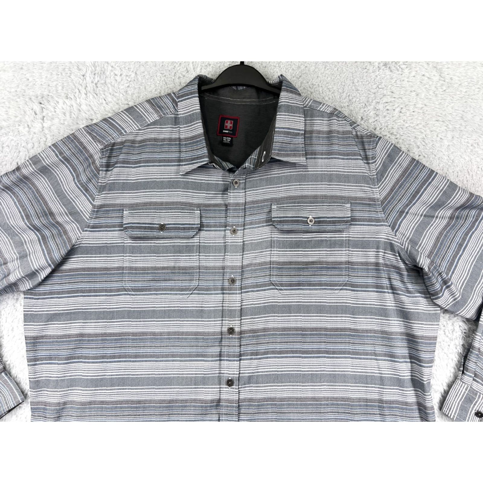 Vintage Swiss+Tech Shirt Men 3XL Gray Striped Long Sleeve Button Up Polyester Blend Size US XXL / EU 58 / 5 - 5 Thumbnail