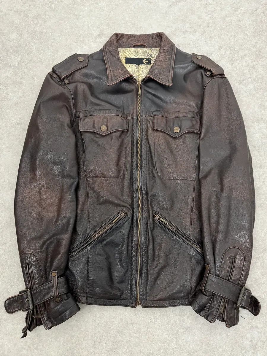 Roberto Cavalli 2000s Cavalli Brown Eroded Leather Buckle Jacket Size US M / EU 48-50 / 2 - 1 Thumbnail