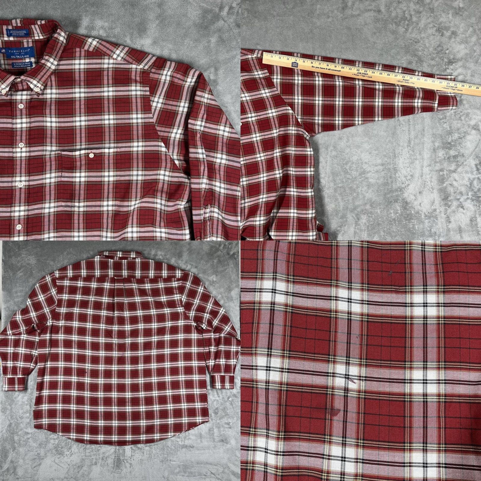 Vintage Towncraft Men 4XLT Flannel Plaid Button-Down Shirt Long Sleeve Casual Red 60% Cotton 40% Polyester Big & Tall with Pockets Size US XXL / EU 58 / 5 - 9 Thumbnail