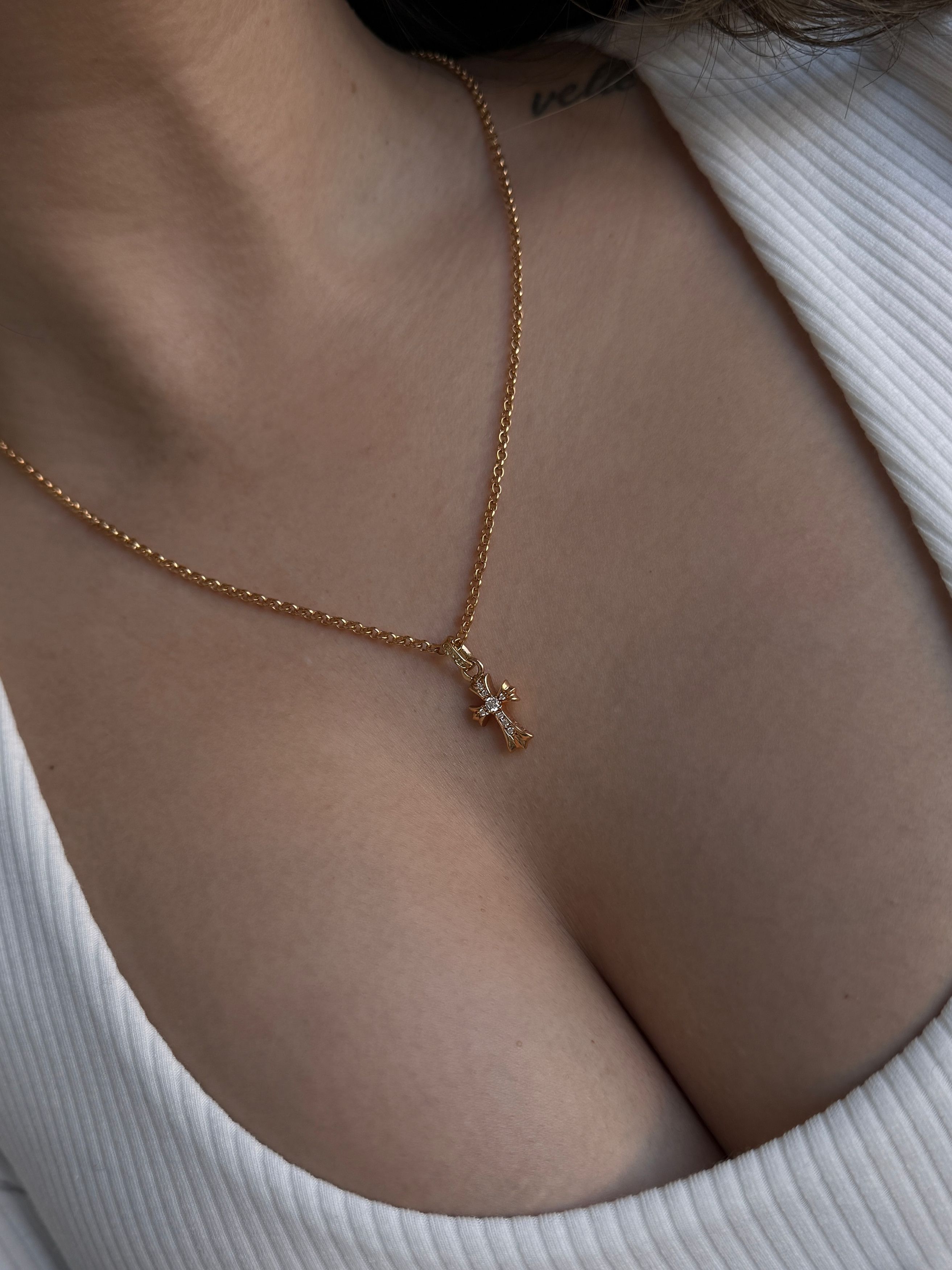 image of Chrome Hearts 22K Gold Babyfat Diamond Cross Necklace in Rose Gold, Men's