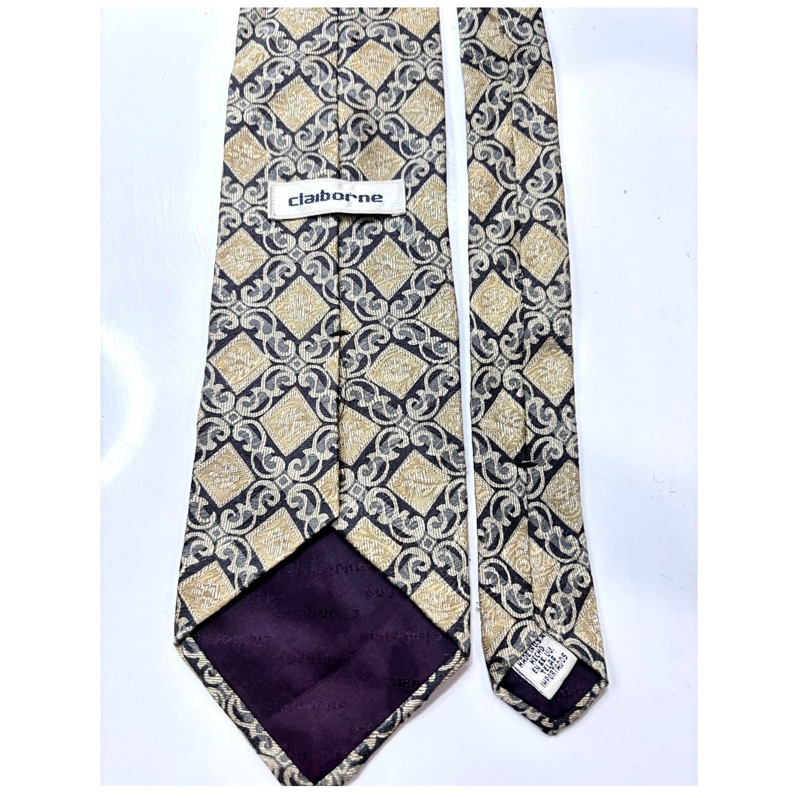 Liz Claiborne CLAIBORNE Men's 100% Silk Tan & Blue Pattern Neck Tie Size ONE SIZE - 4 Thumbnail