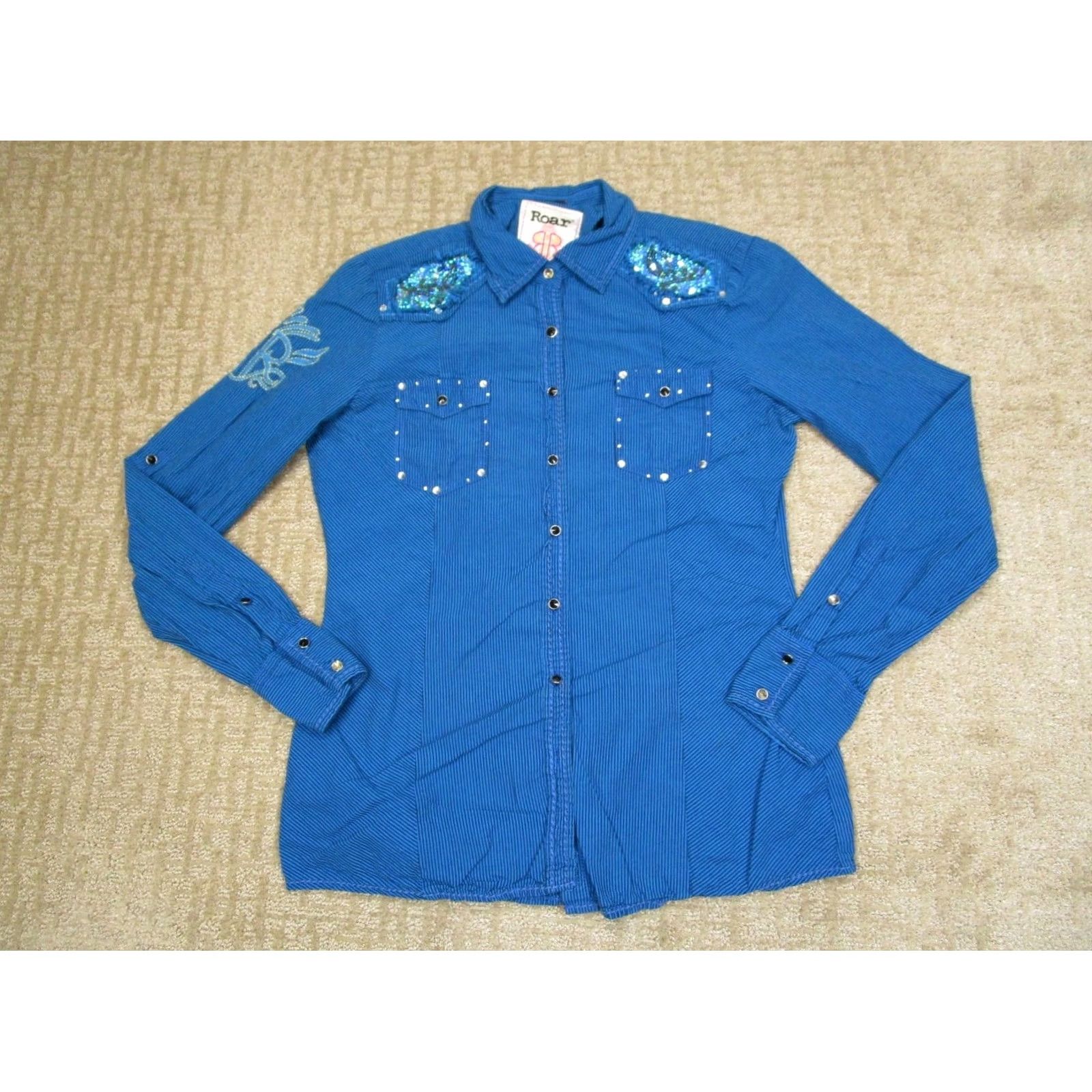 Roar Roar Shirt Women M Blue Striped Western Pearl Snap Beaded Embroidered Rhinestone Cowboy Outdoor Rock Button-Up Y2K Style Size M / US 6-8 / IT 42-44 - 2 Thumbnail