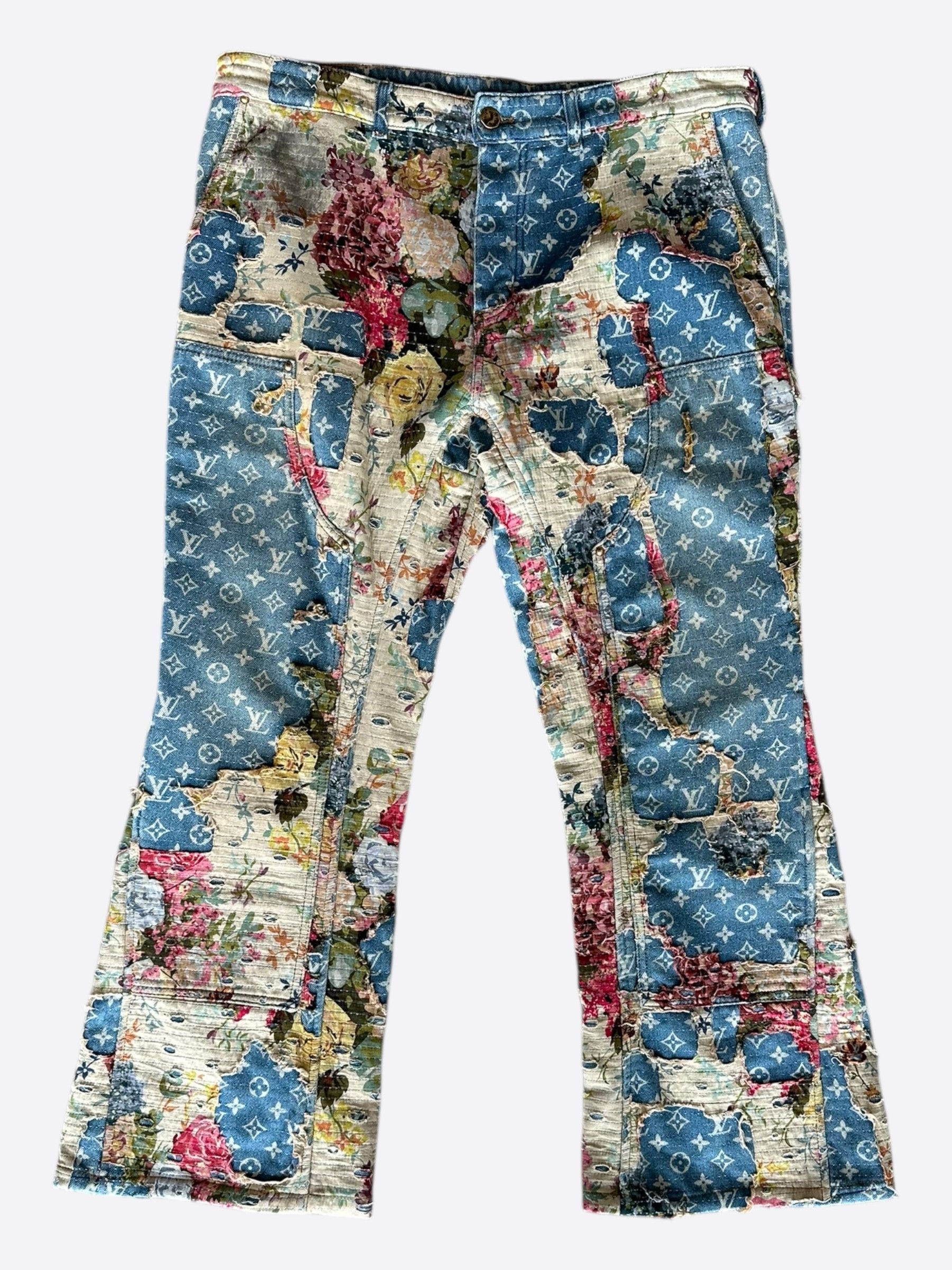 Louis Vuitton Blue Distressed Floral Monogram Flared Carpenter Jeans Size US 38 / EU 54 - 1 Thumbnail