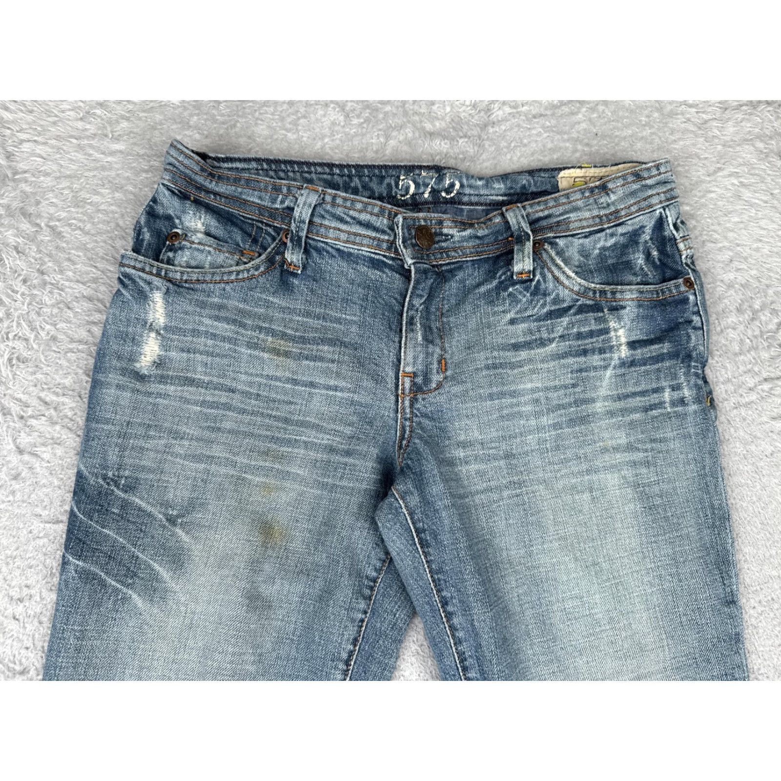 Denime 575 Denim Jeans Womens 29 Blue Medium Wash Mid Rise Flared Stretch Distressed 5-Pocket Pockets Size 29" - 4 Thumbnail