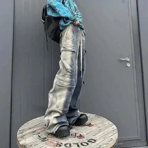 Unisex Multi-pockets Drawstring Jeans