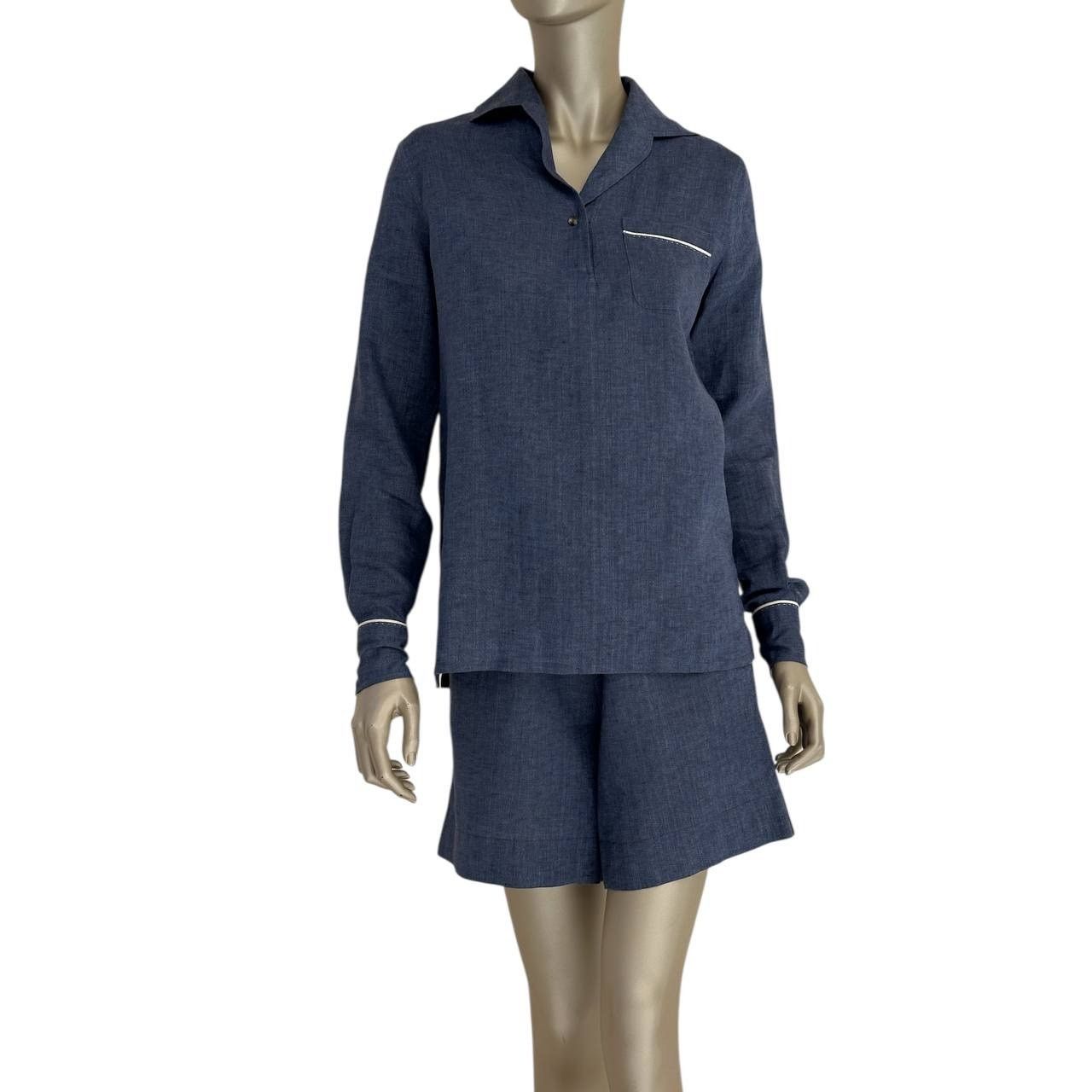 Loro Piana Loro Piana Blue Linen Shirt & Shorts Set - Size 38 Size 26" / US 2 / IT 38 - 1 Thumbnail