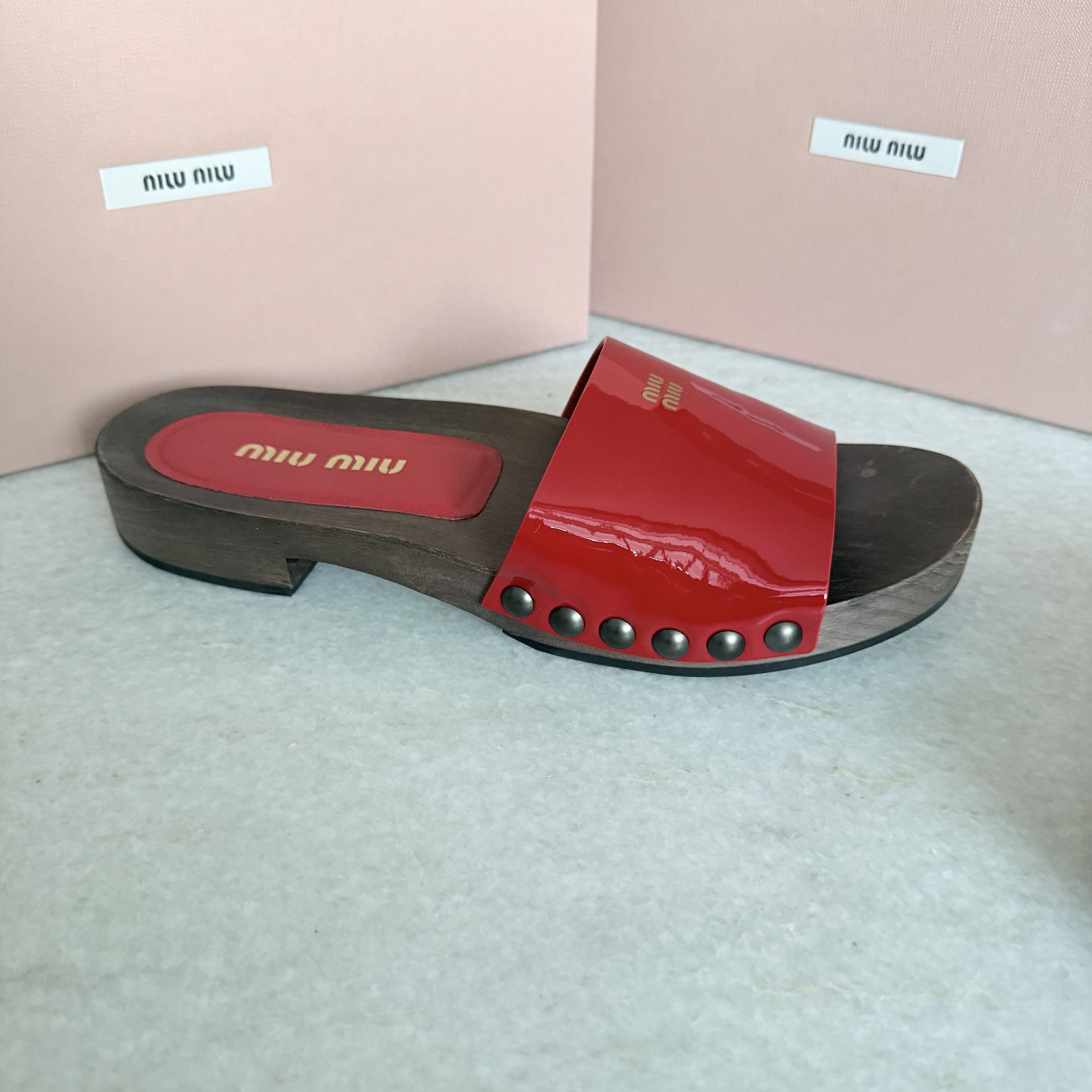 Miu Miu MIU MIU 5Z425E Red Patent Leather Wooden Clogs Sandals Size US 6 / IT 36 - 6 Thumbnail