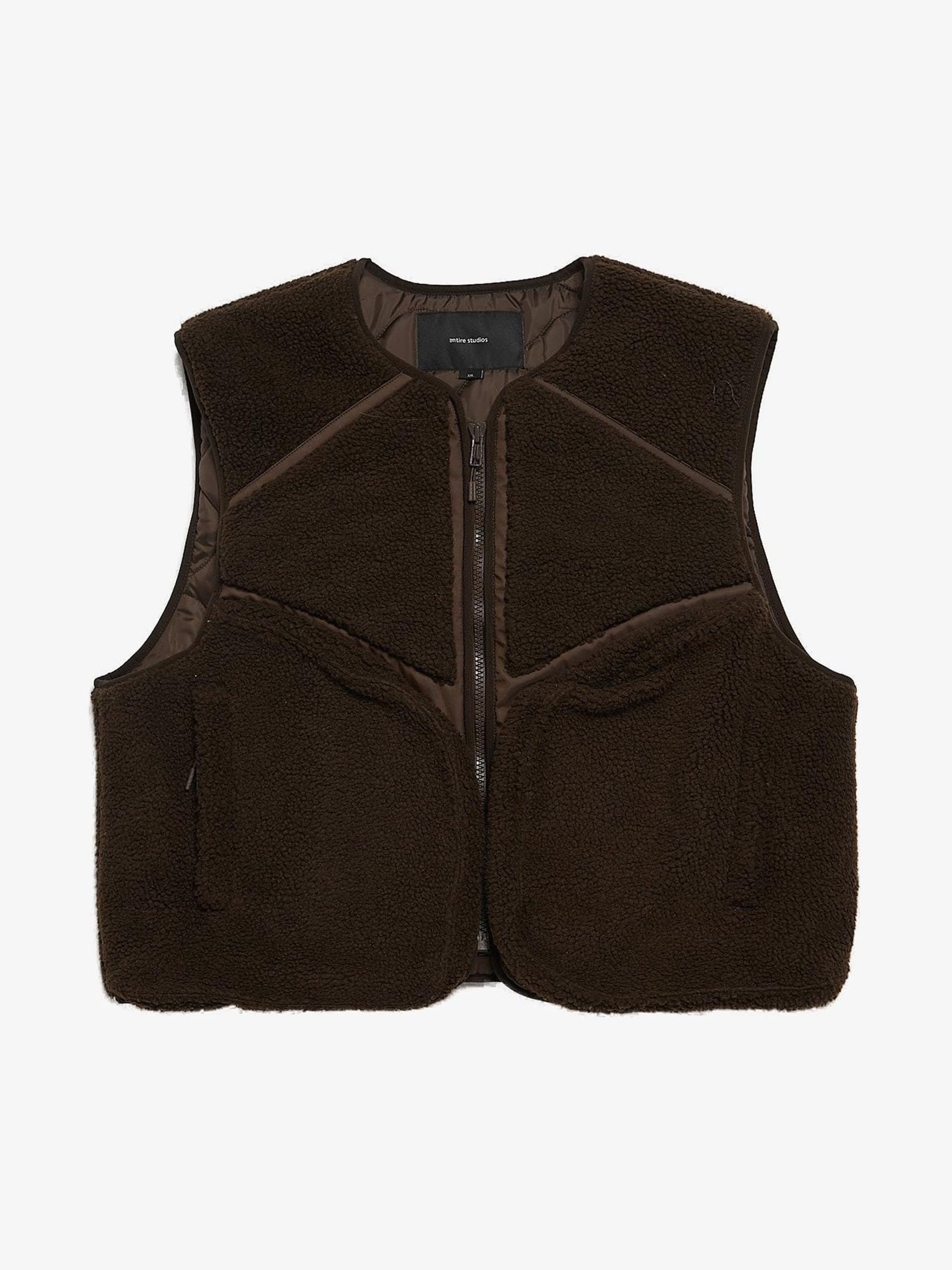 Image of Entire Studios Brown Quilted Zipped Fleece Polyester Vest, Men's (Size XL)