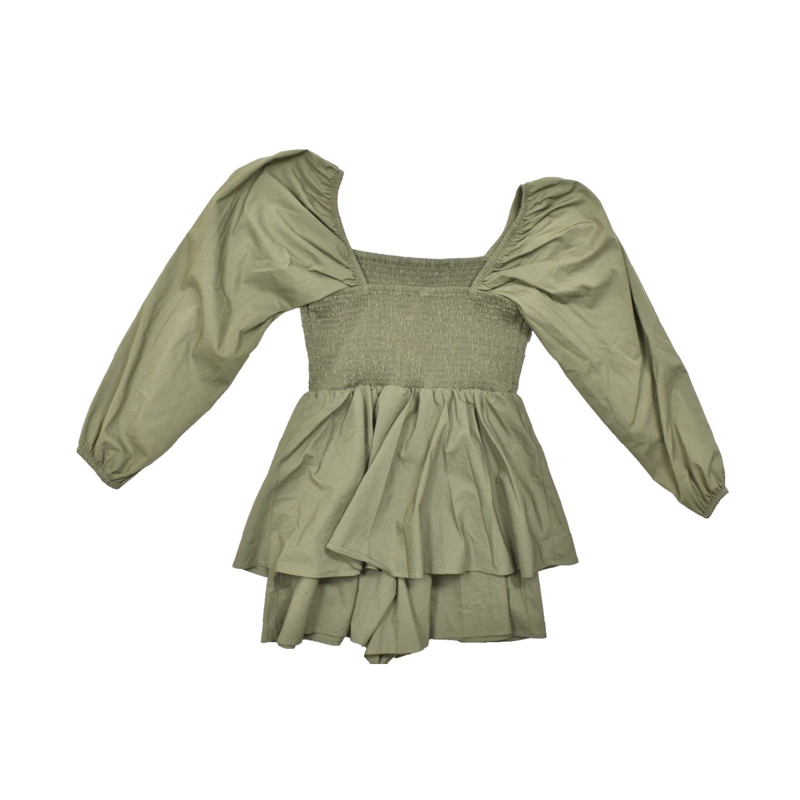 Express Express Shirt Womens M Olive Green Smocked Puff Sleeve Peplum Top Cotton Blend Size M / US 6-8 / IT 42-44 - 2 Thumbnail